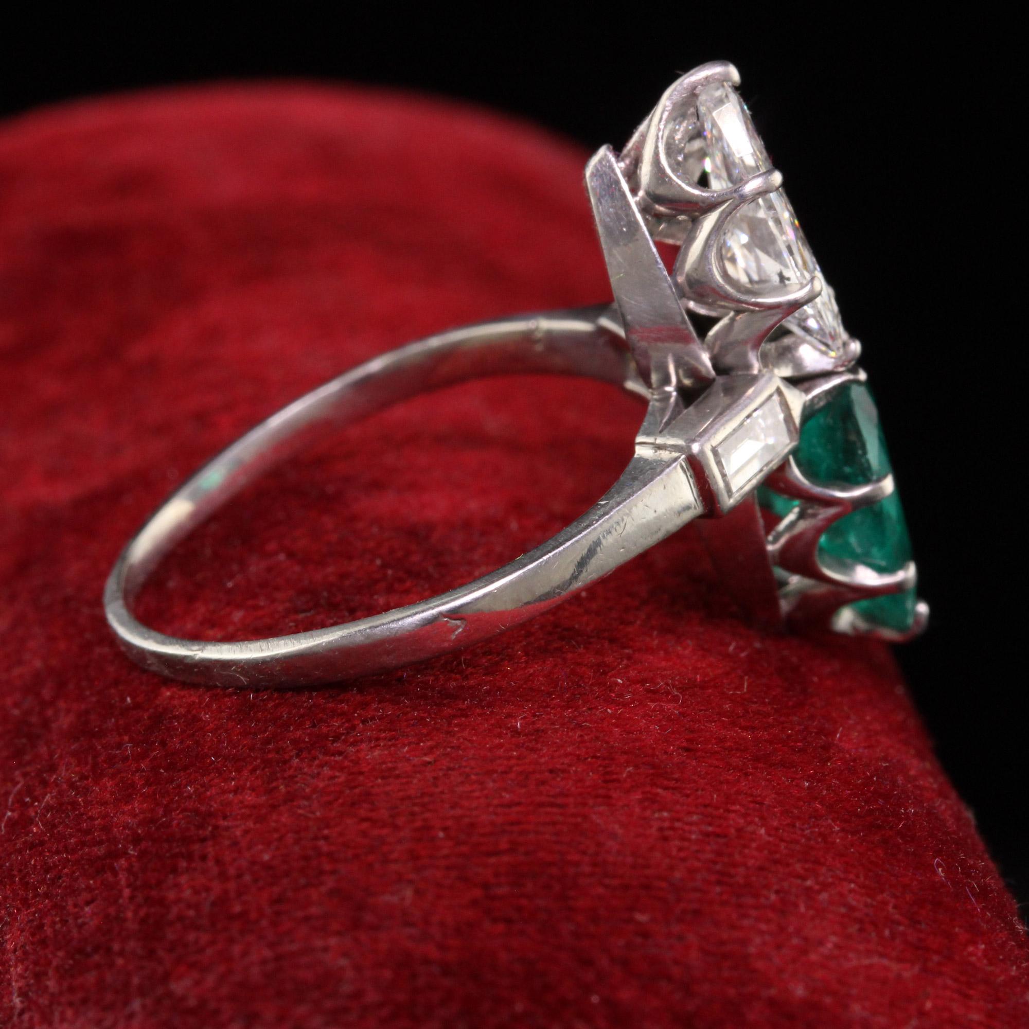 Pear Cut Antique Art Deco Platinum French Pear Diamond Emerald Toi Et Moi Engagement Ring For Sale