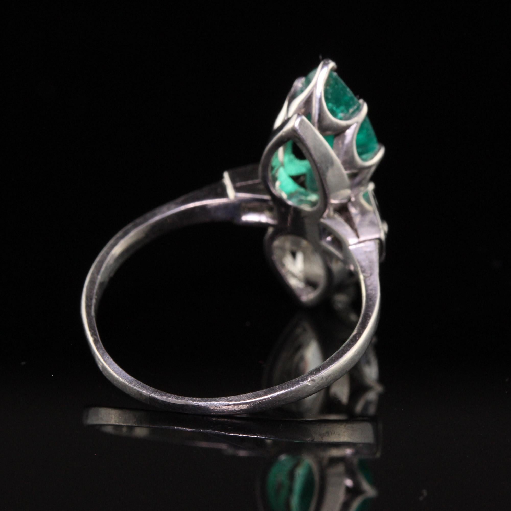 Women's Antique Art Deco Platinum French Pear Diamond Emerald Toi Et Moi Engagement Ring For Sale