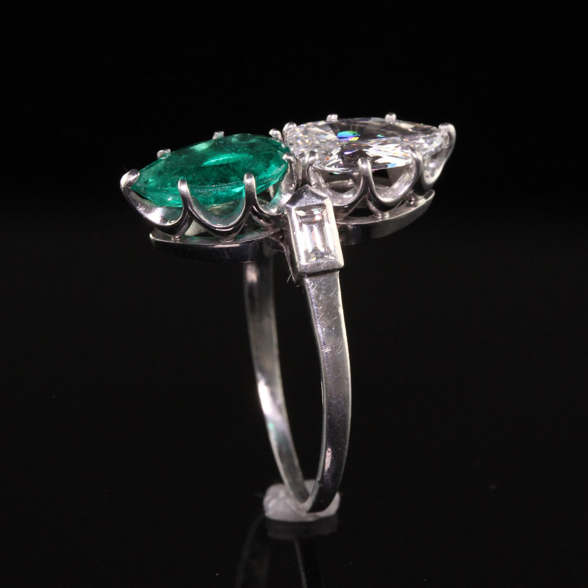 Antique Art Deco Platinum French Pear Diamond Emerald Toi Et Moi Engagement Ring For Sale 1