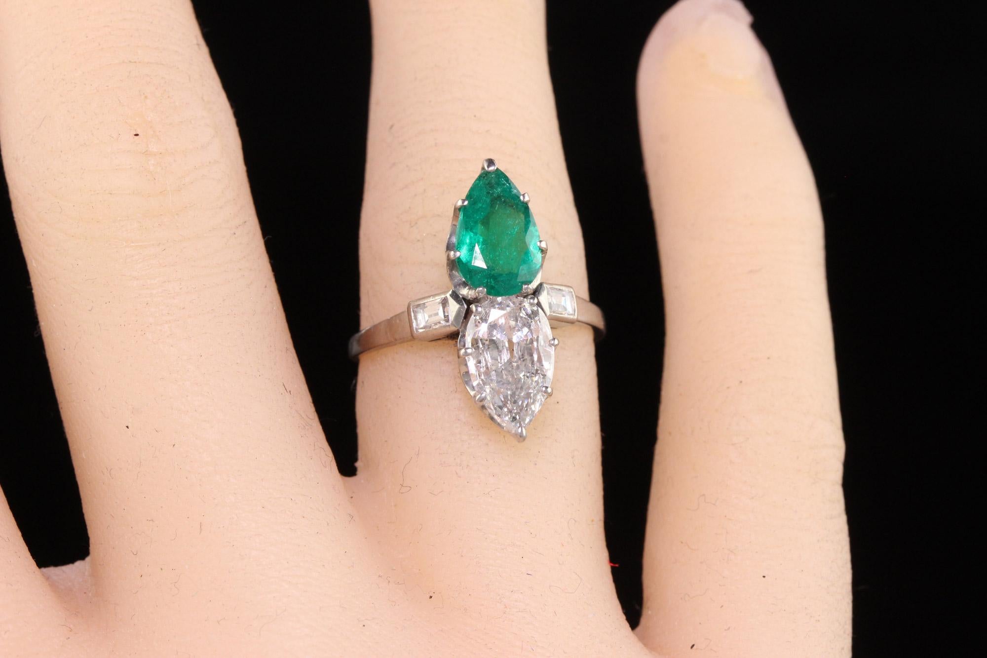 Antique Art Deco Platinum French Pear Diamond Emerald Toi Et Moi Engagement Ring For Sale 2