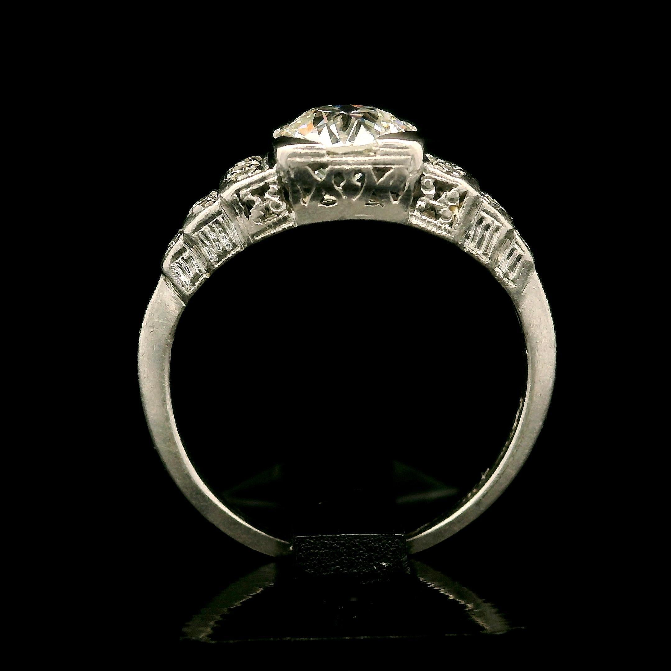 Antique Art Deco Platinum GIA 0.92ctw Diamond Step Sides Engagement Ring For Sale 5