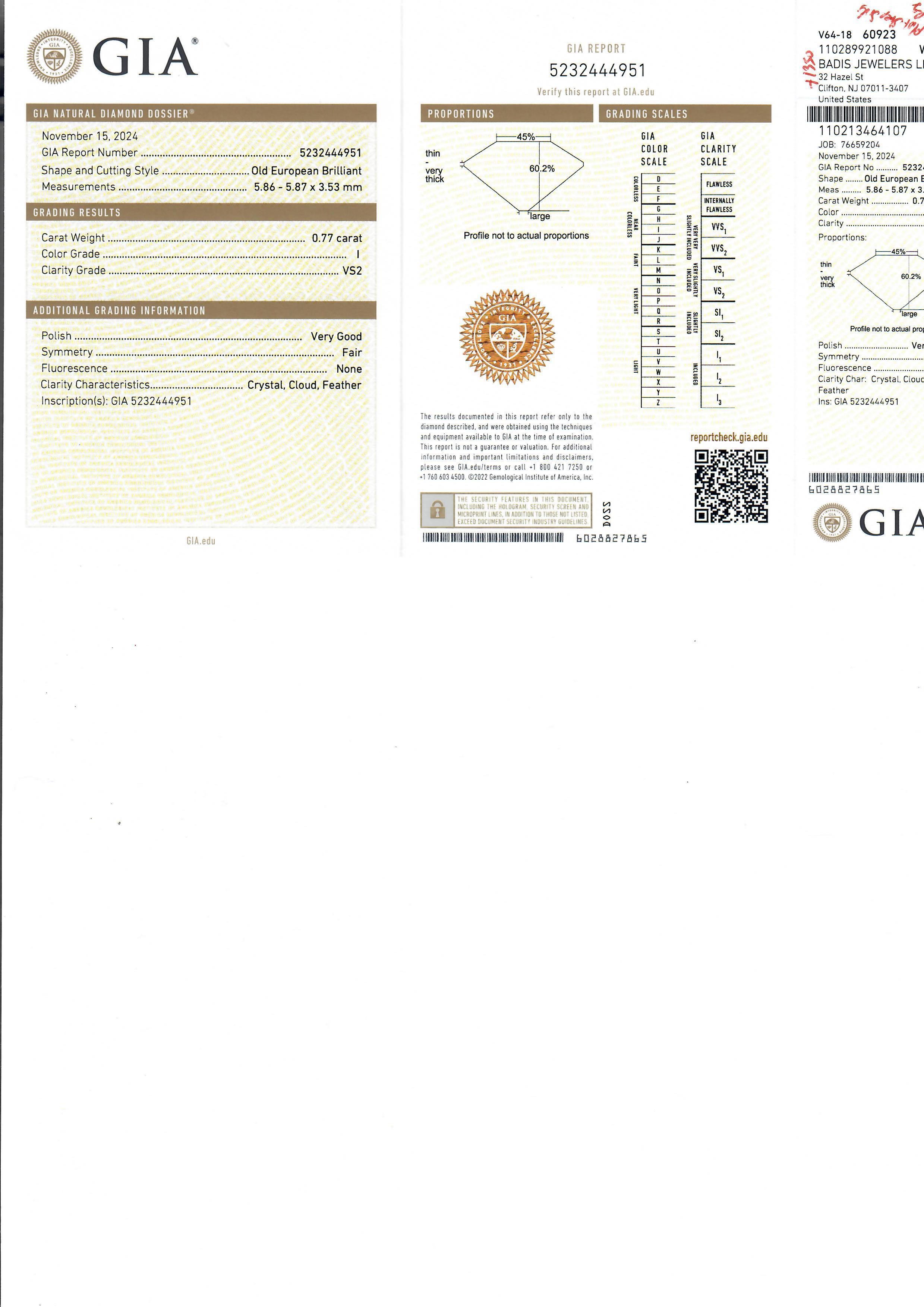 --Stone(s):--
(1) Natural Genuine Diamond - Old European Cut - Prong Set - Faces Up - White I Color - VS2 Clarity - 0.77ct (exact - certified)
** See Certification Details Below for Complete Info **
(12) Natural Genuine Diamonds - Single Cut - Pave