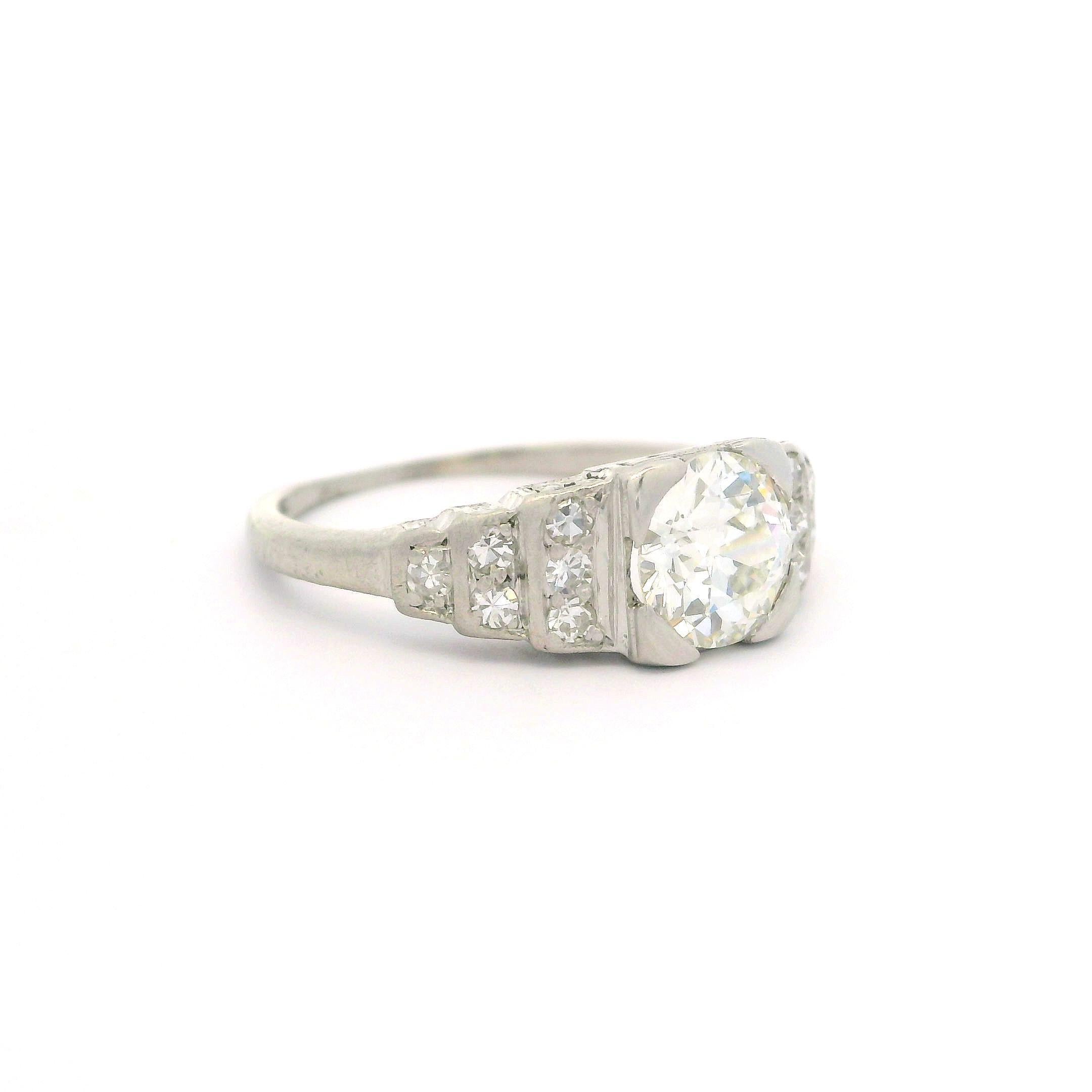 Old European Cut Antique Art Deco Platinum GIA 0.92ctw Diamond Step Sides Engagement Ring For Sale