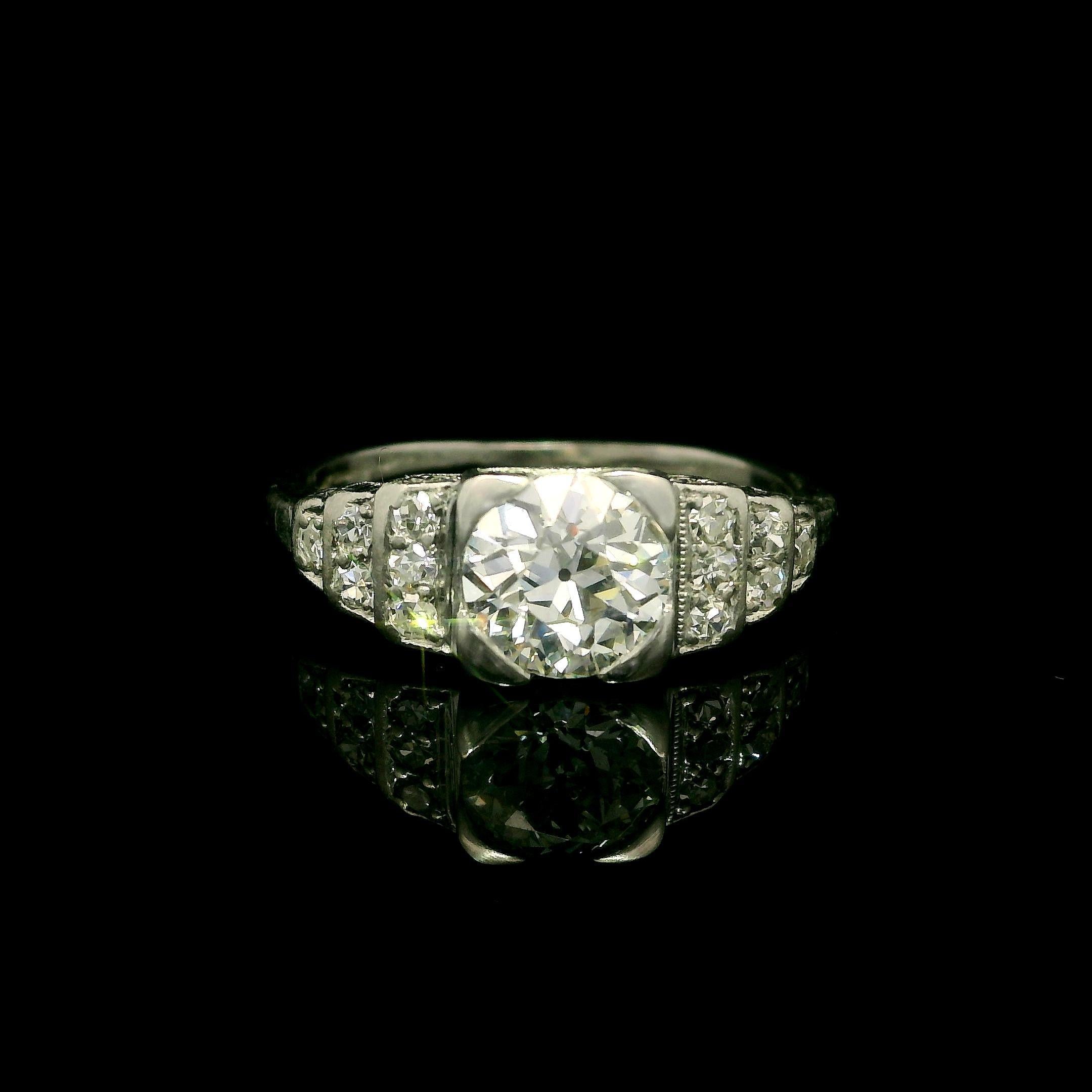 Women's Antique Art Deco Platinum GIA 0.92ctw Diamond Step Sides Engagement Ring For Sale