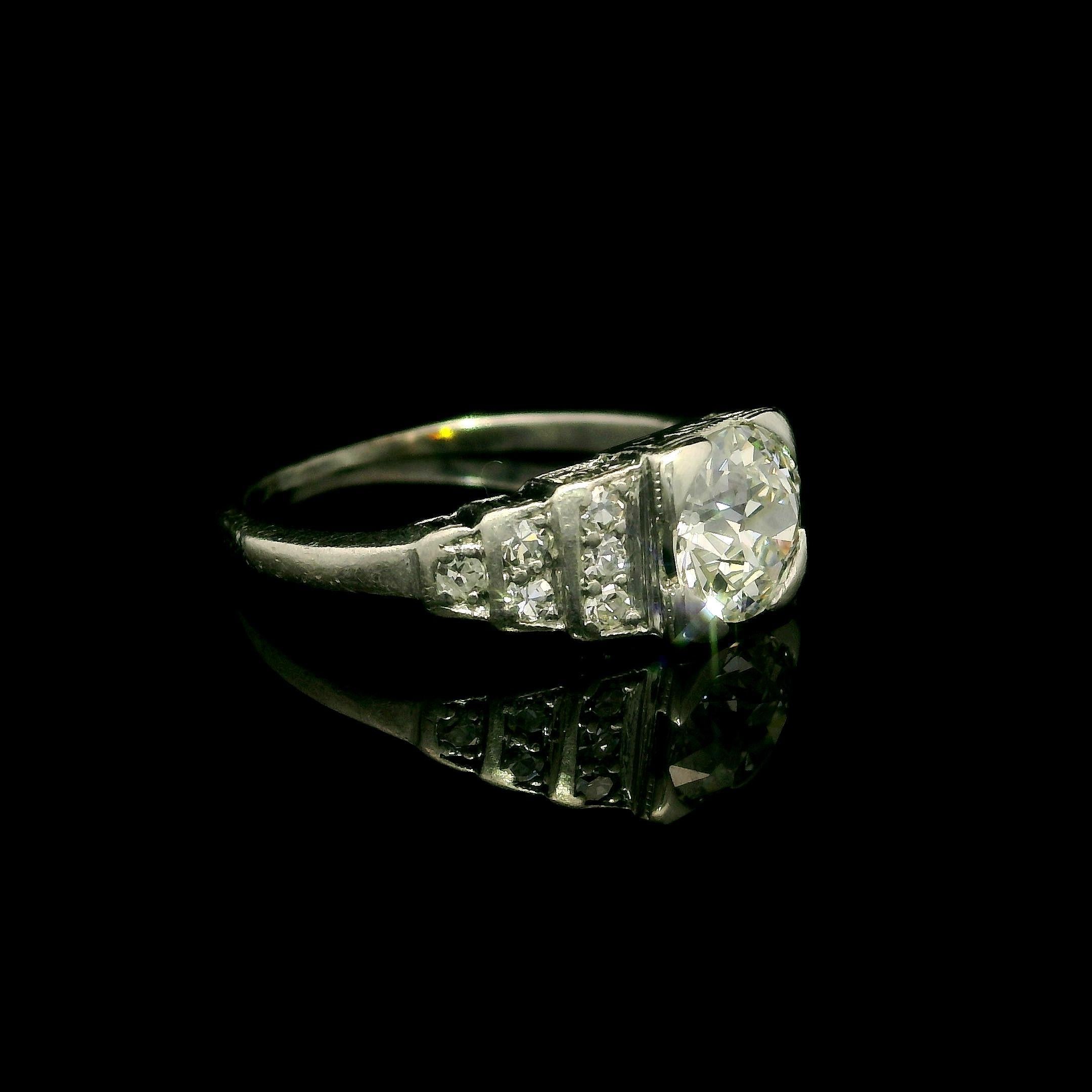 Antique Art Deco Platinum GIA 0.92ctw Diamond Step Sides Engagement Ring For Sale 1