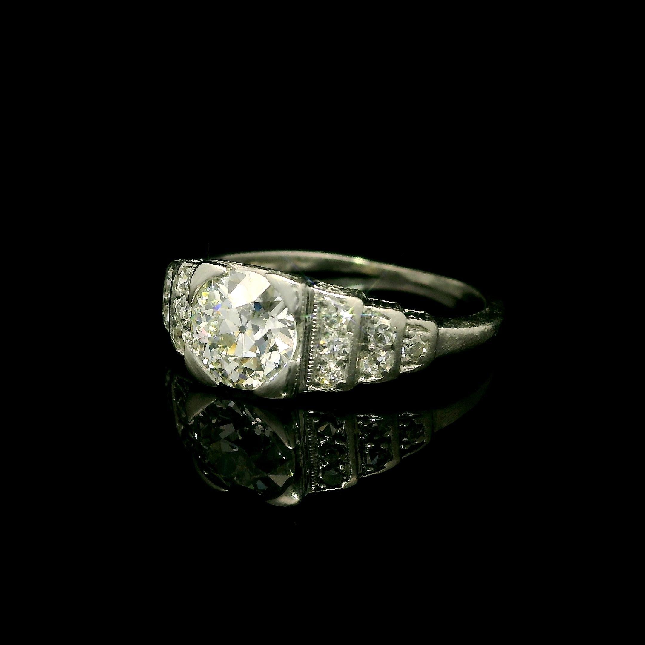 Antique Art Deco Platinum GIA 0.92ctw Diamond Step Sides Engagement Ring For Sale 2