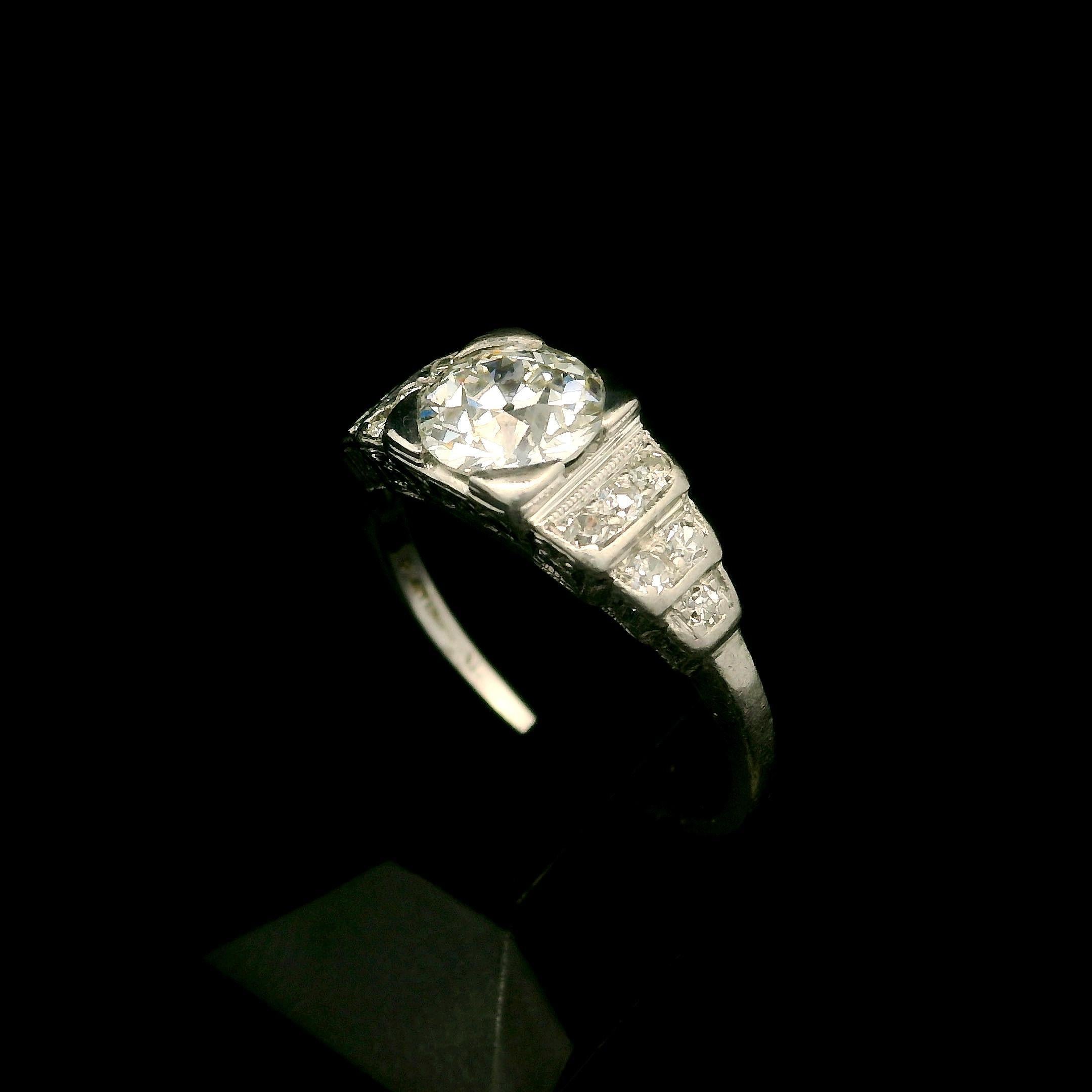 Antique Art Deco Platinum GIA 0.92ctw Diamond Step Sides Engagement Ring For Sale 3