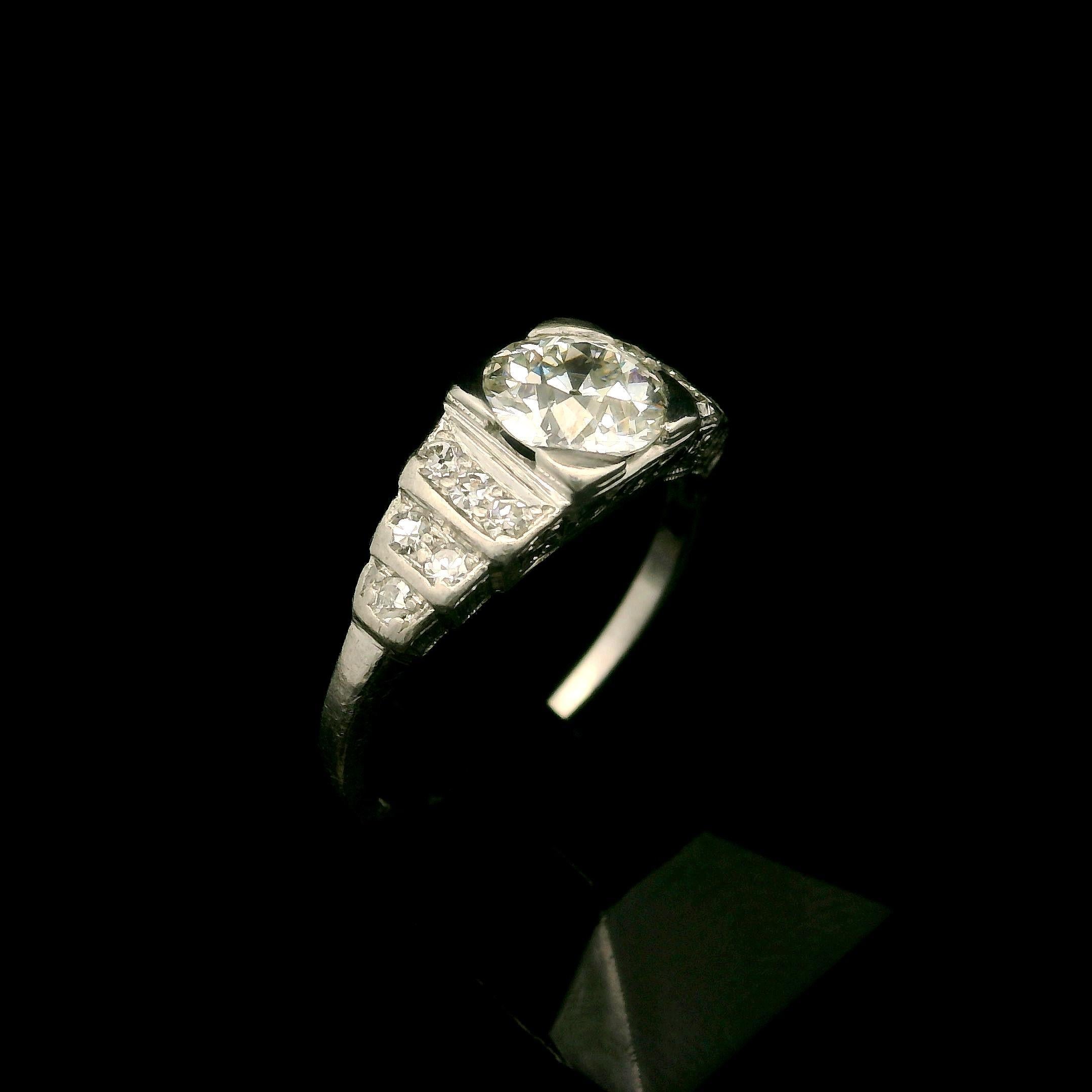 Antique Art Deco Platinum GIA 0.92ctw Diamond Step Sides Engagement Ring For Sale 4