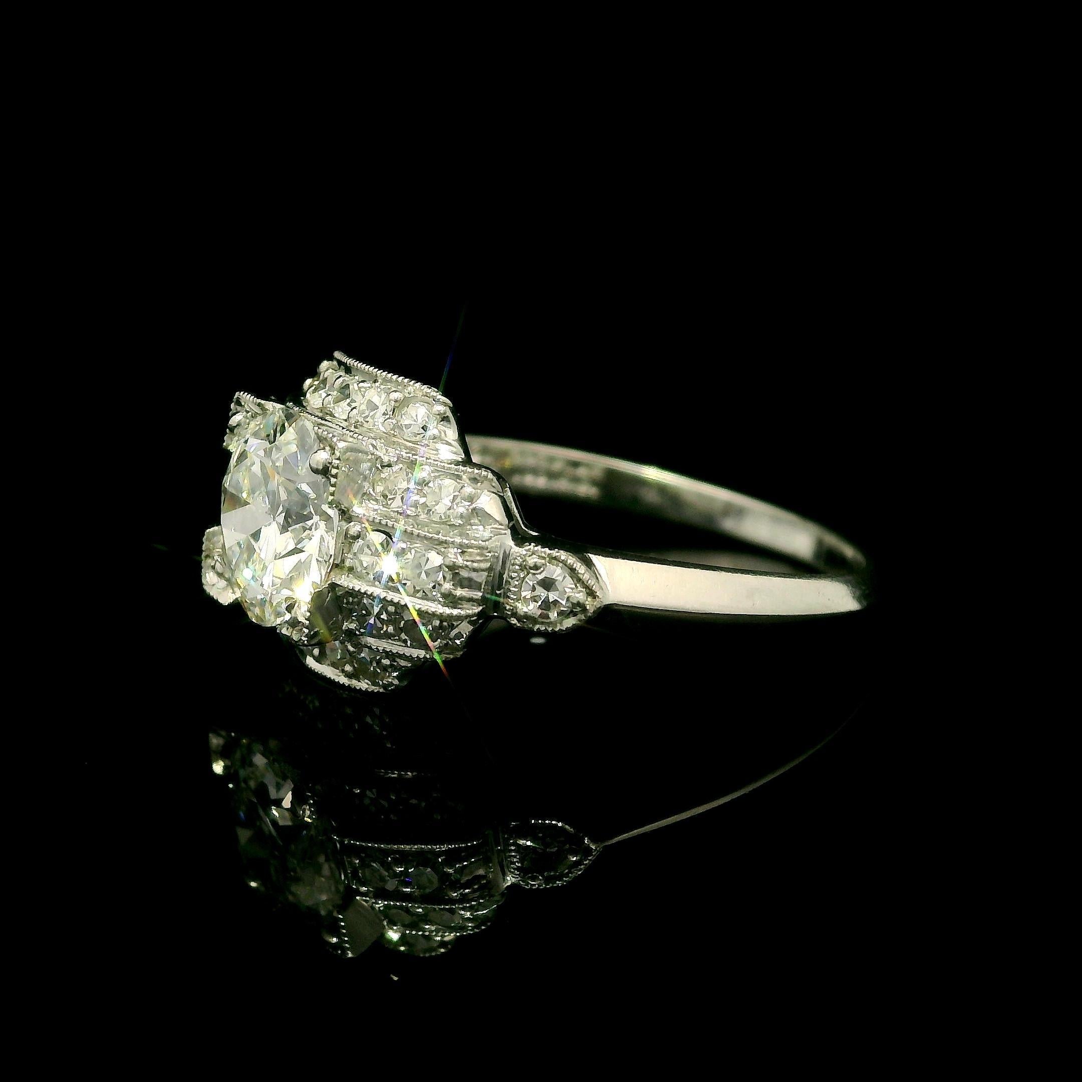Antique Art Deco Platinum GIA 1.18ct Old Round Cut Diamond Layer Stack Look Ring in vendita 5