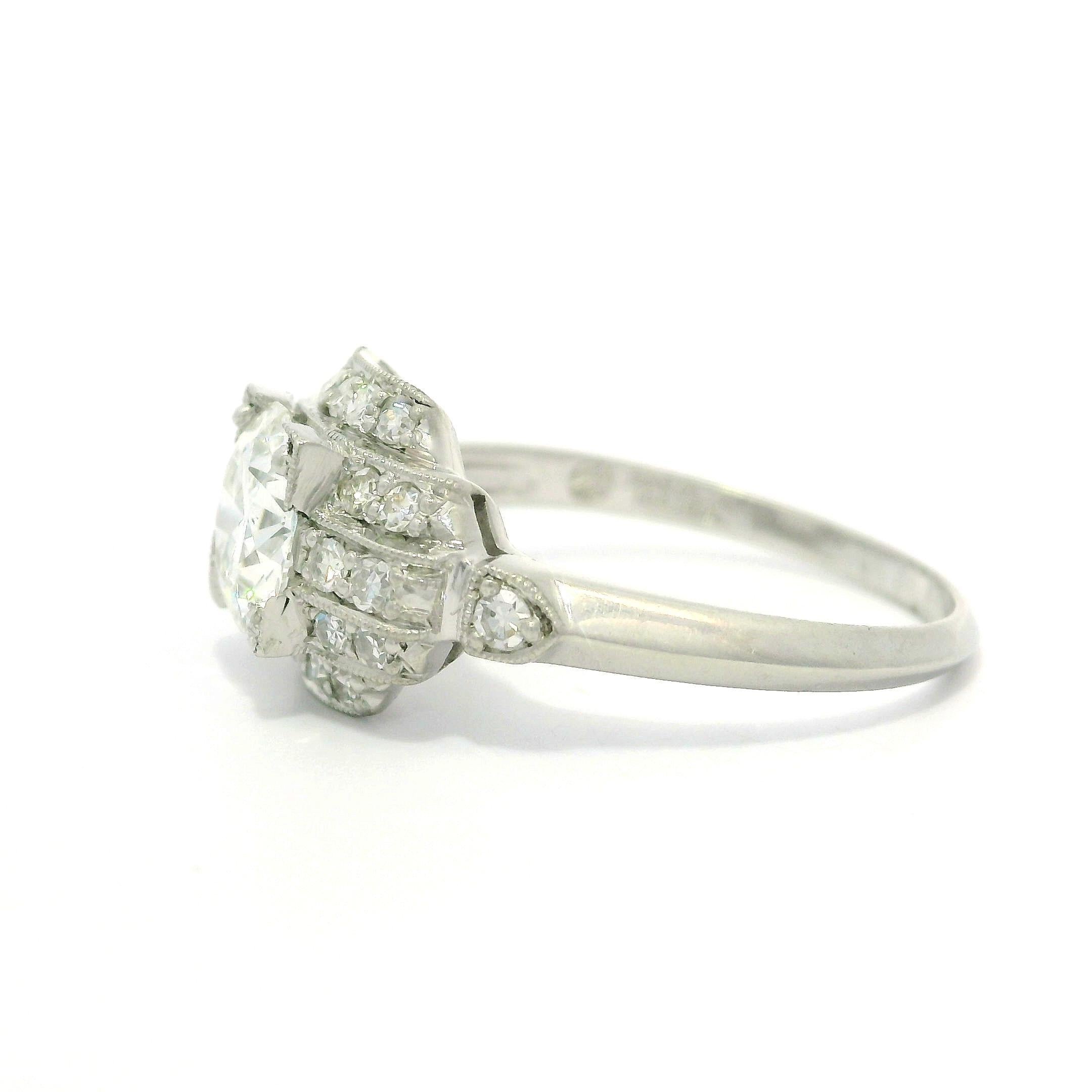 Antique Art Deco Platinum GIA 1.18ct Old Round Cut Diamond Layer Stack Look Ring in vendita 6