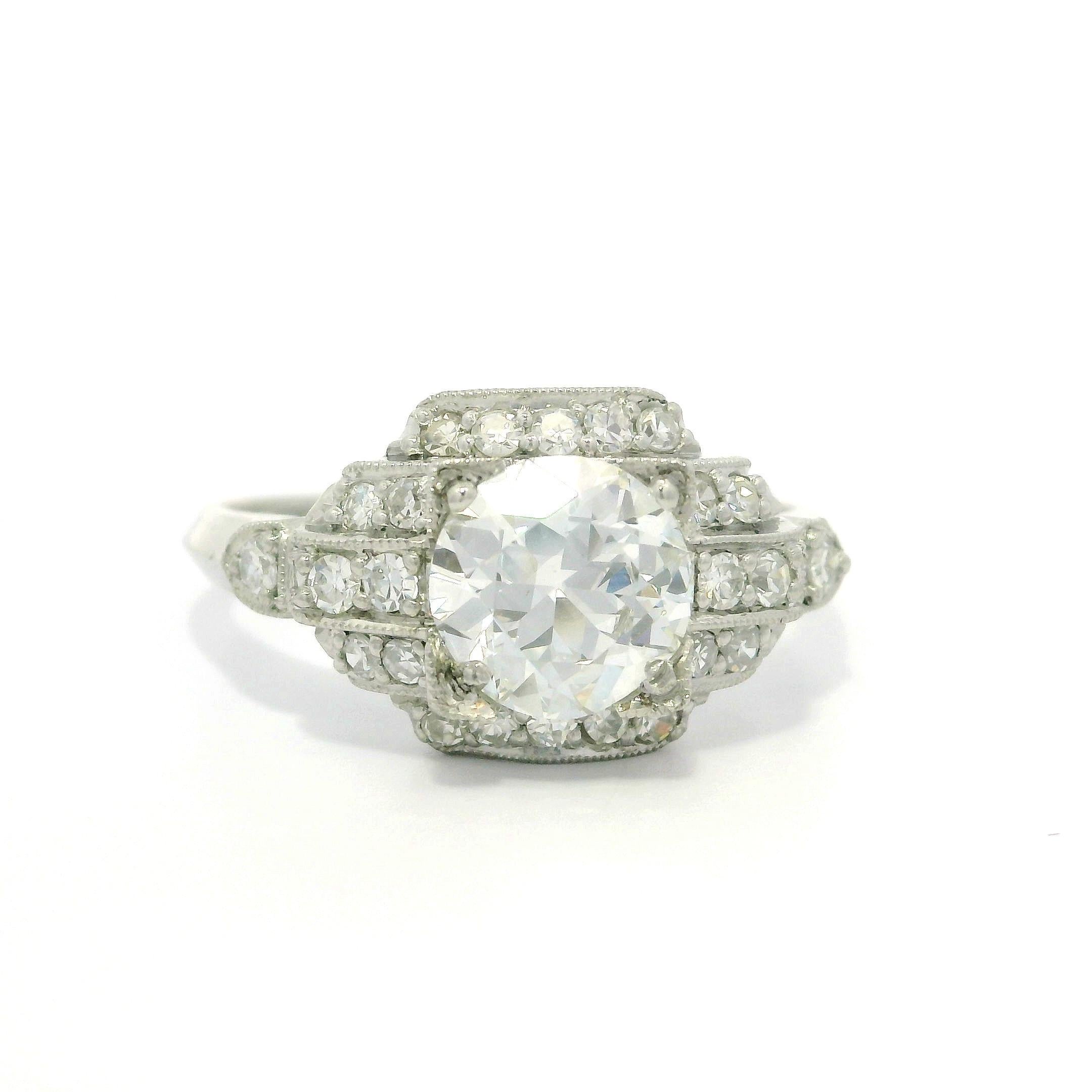 Antique Art Deco Platinum GIA 1.18ct Old Round Cut Diamond Layer Stack Look Ring in vendita 8