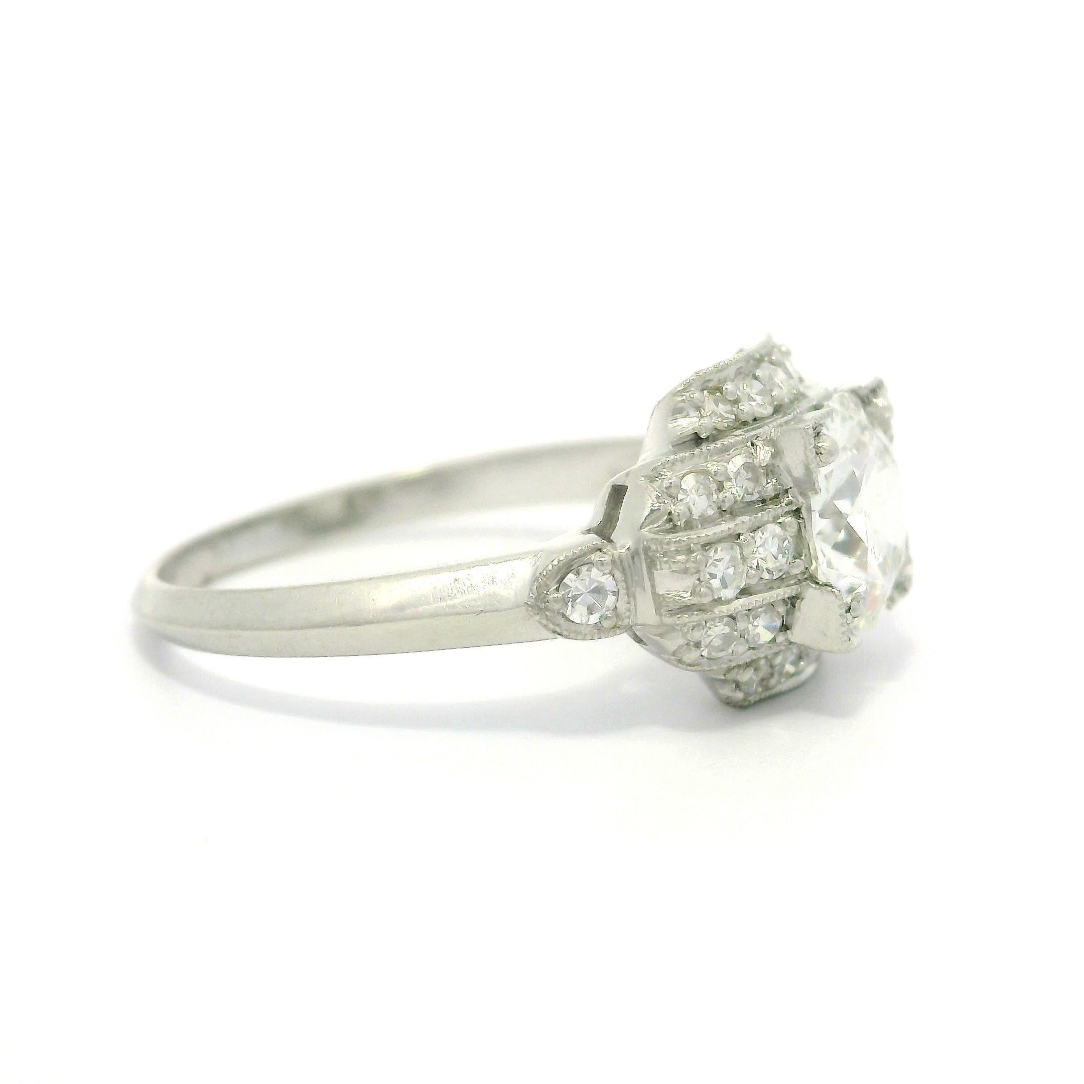 Antique Art Deco Platinum GIA 1.18ct Old Round Cut Diamond Layer Stack Look Ring in vendita 10