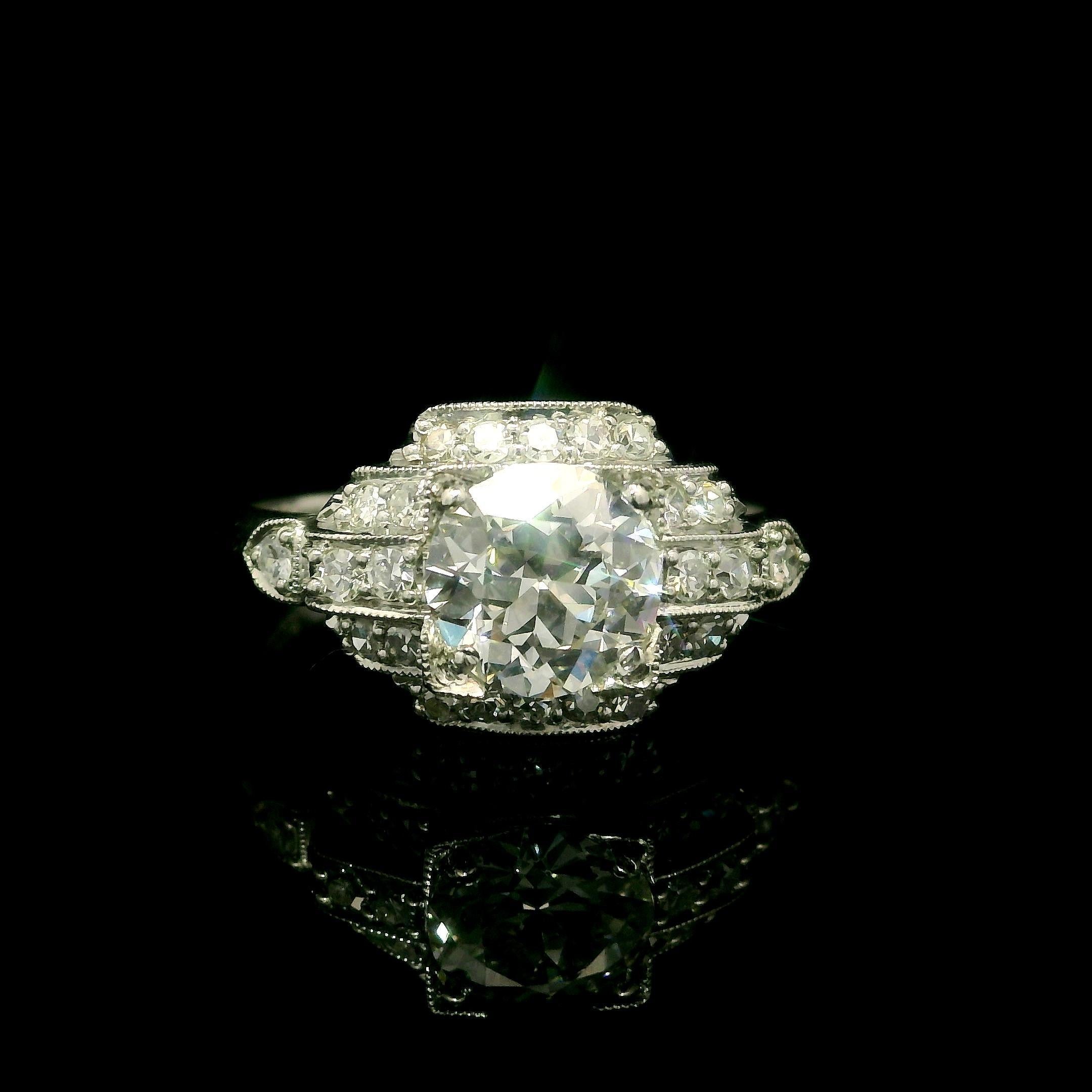 Antique Art Deco Platinum GIA 1.18ct Old Round Cut Diamond Layer Stack Look Ring in vendita 2