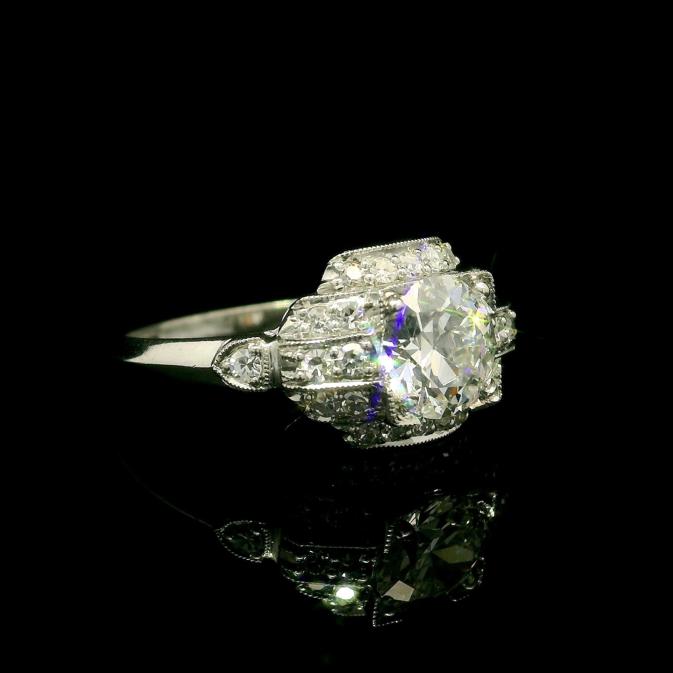 Antique Art Deco Platinum GIA 1.18ct Old Round Cut Diamond Layer Stack Look Ring in vendita 3