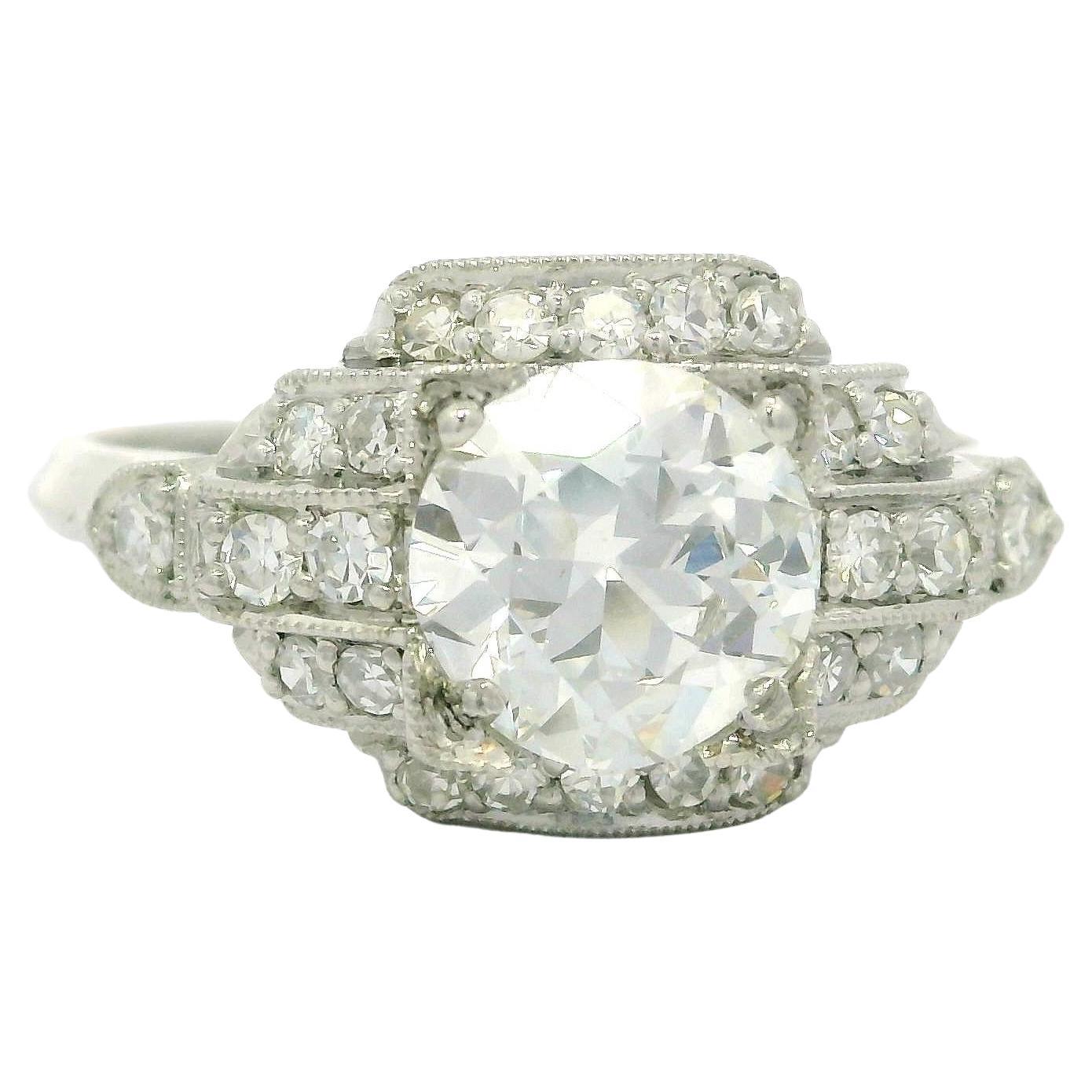 Antique Art Deco Platinum GIA 1.18ct Old Round Cut Diamond Layer Stack Look Ring
