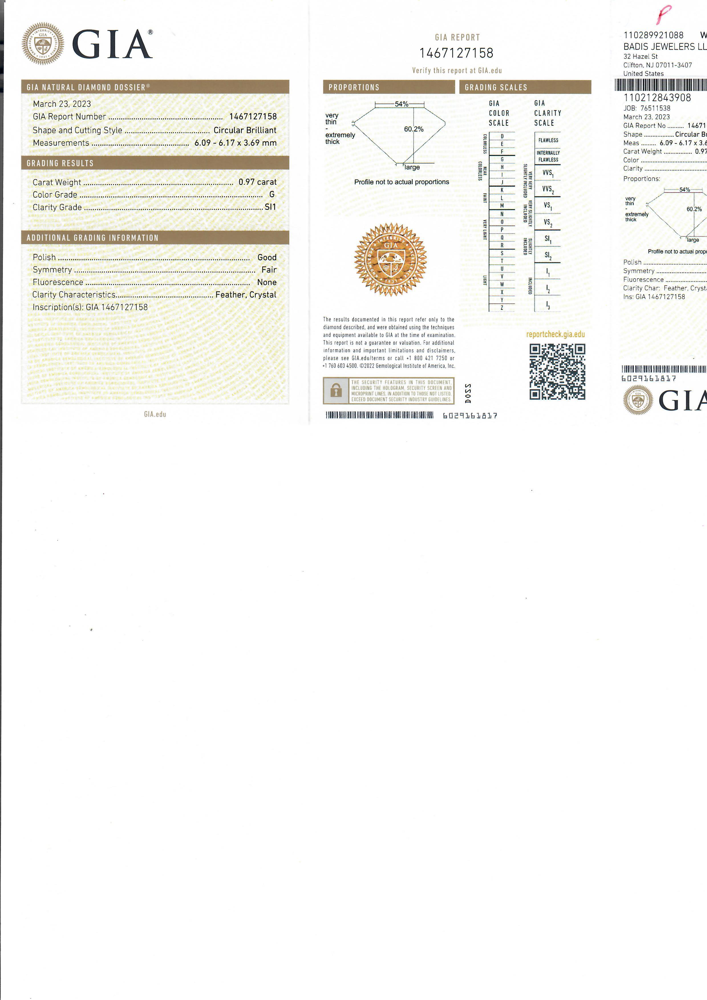 --Stone(s):--
(1) Natural Genuine Diamond - Old Circular Cut - Dual Prong Set - G Color - SI1 Clarity - 0.97ct (exact - certified)
** See Certification Details Below for Complete Info **
(3) Natural Genuine Diamonds -2 Marquise Cut & 2 Single Cut -