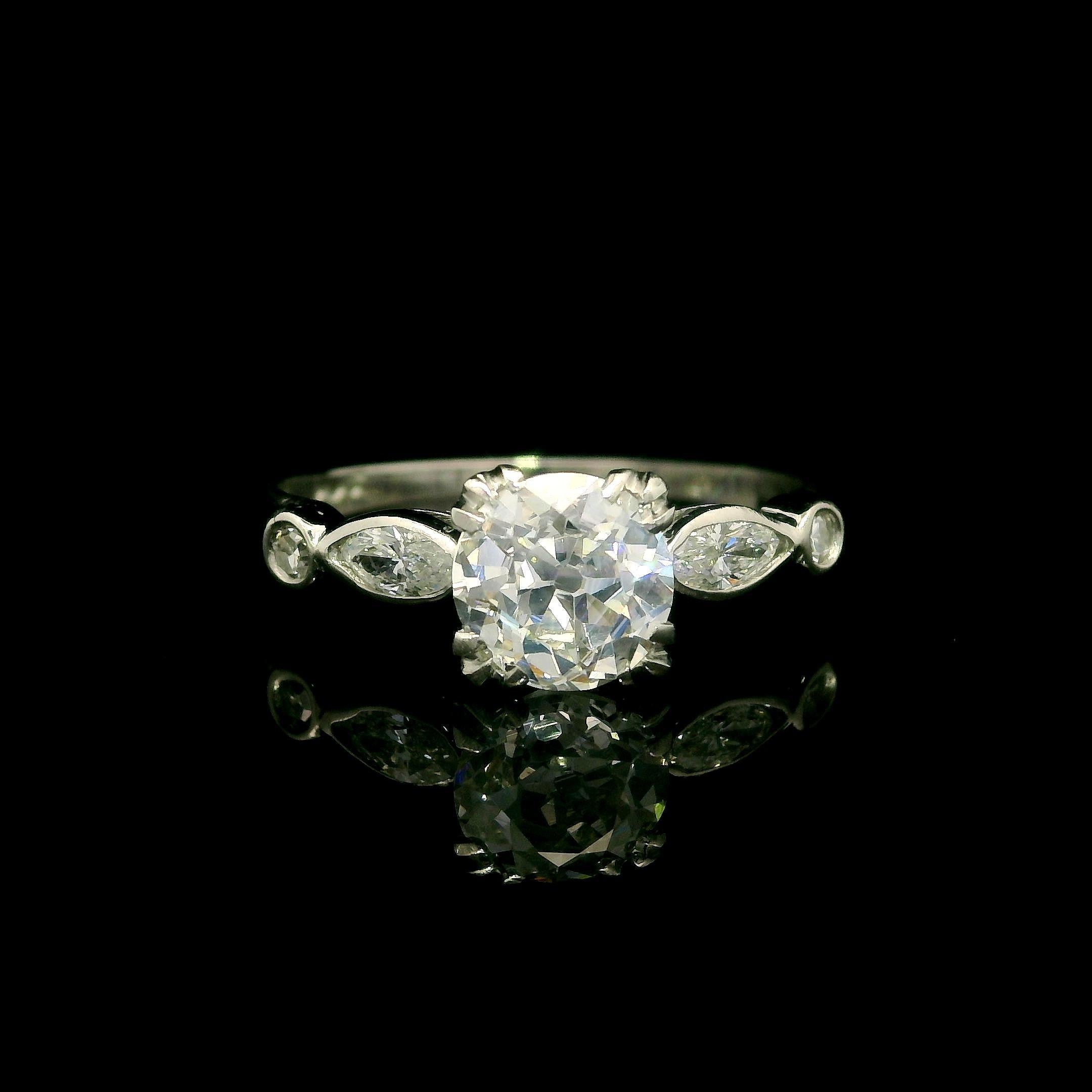 Round Cut Antique Art Deco Platinum GIA 1.32ctw Old Cut Diamond Engagement Ring For Sale