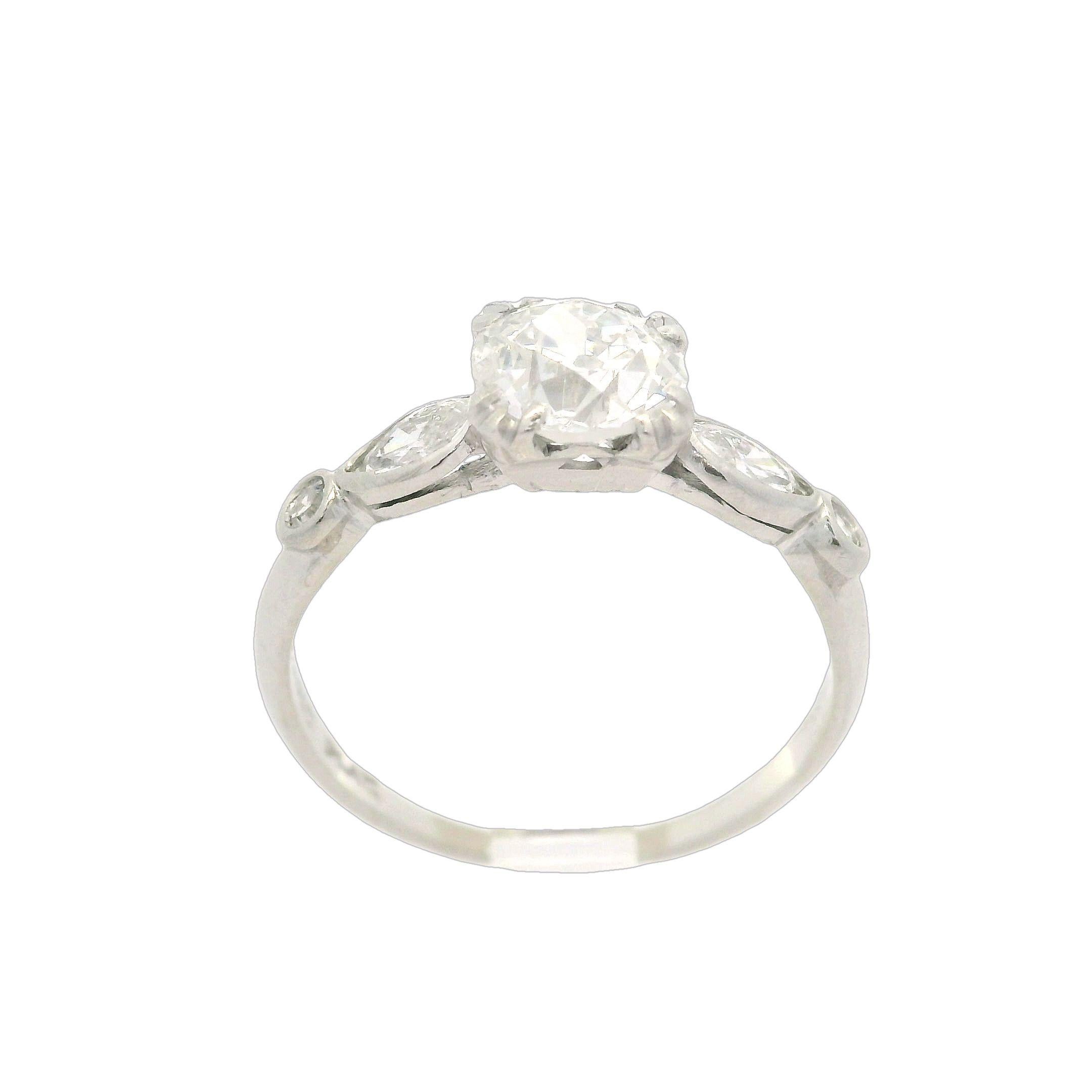 Women's Antique Art Deco Platinum GIA 1.32ctw Old Cut Diamond Engagement Ring For Sale