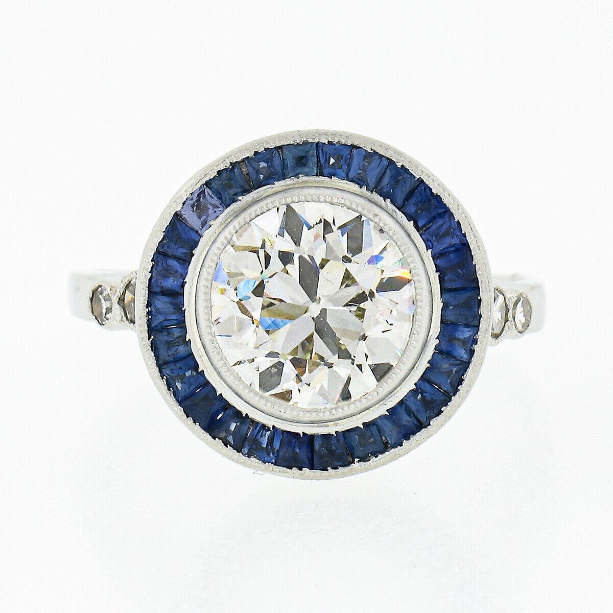 Old European Cut Antique Art Deco Platinum GIA Bezel European Diamond & Sapphire Engagement Ring