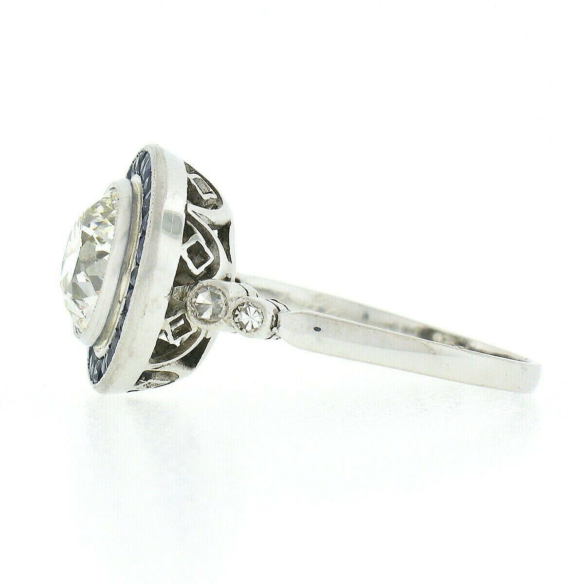 Women's Antique Art Deco Platinum GIA Bezel European Diamond & Sapphire Engagement Ring