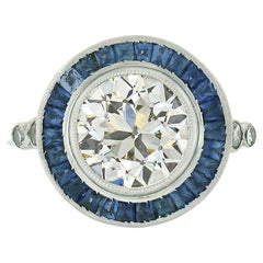 Antique Art Deco Platinum GIA Bezel European Diamond & Sapphire Engagement Ring