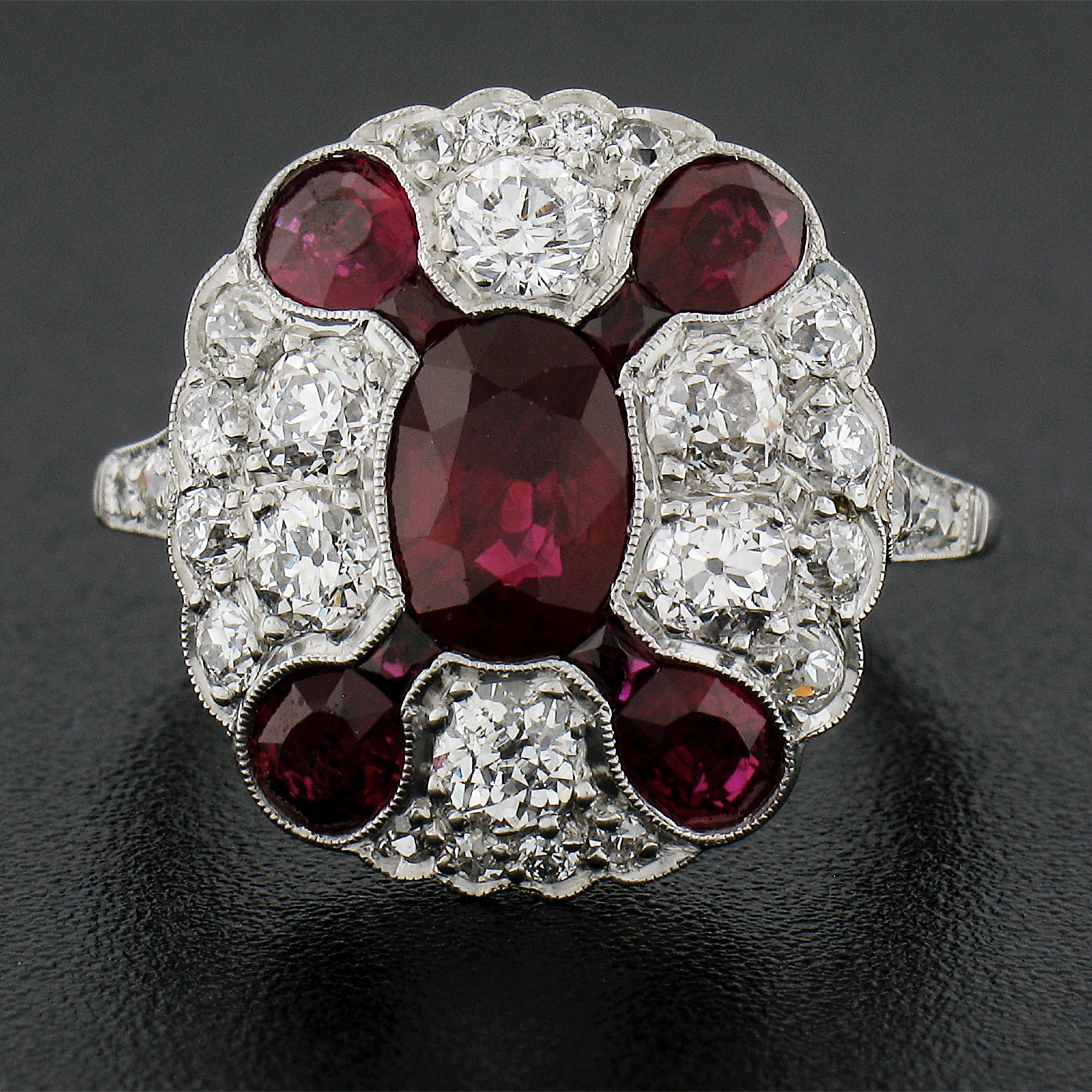 Oval Cut Antique Art Deco Platinum Gia Burma Ruby & Diamond Oval Platter Statement Ring For Sale