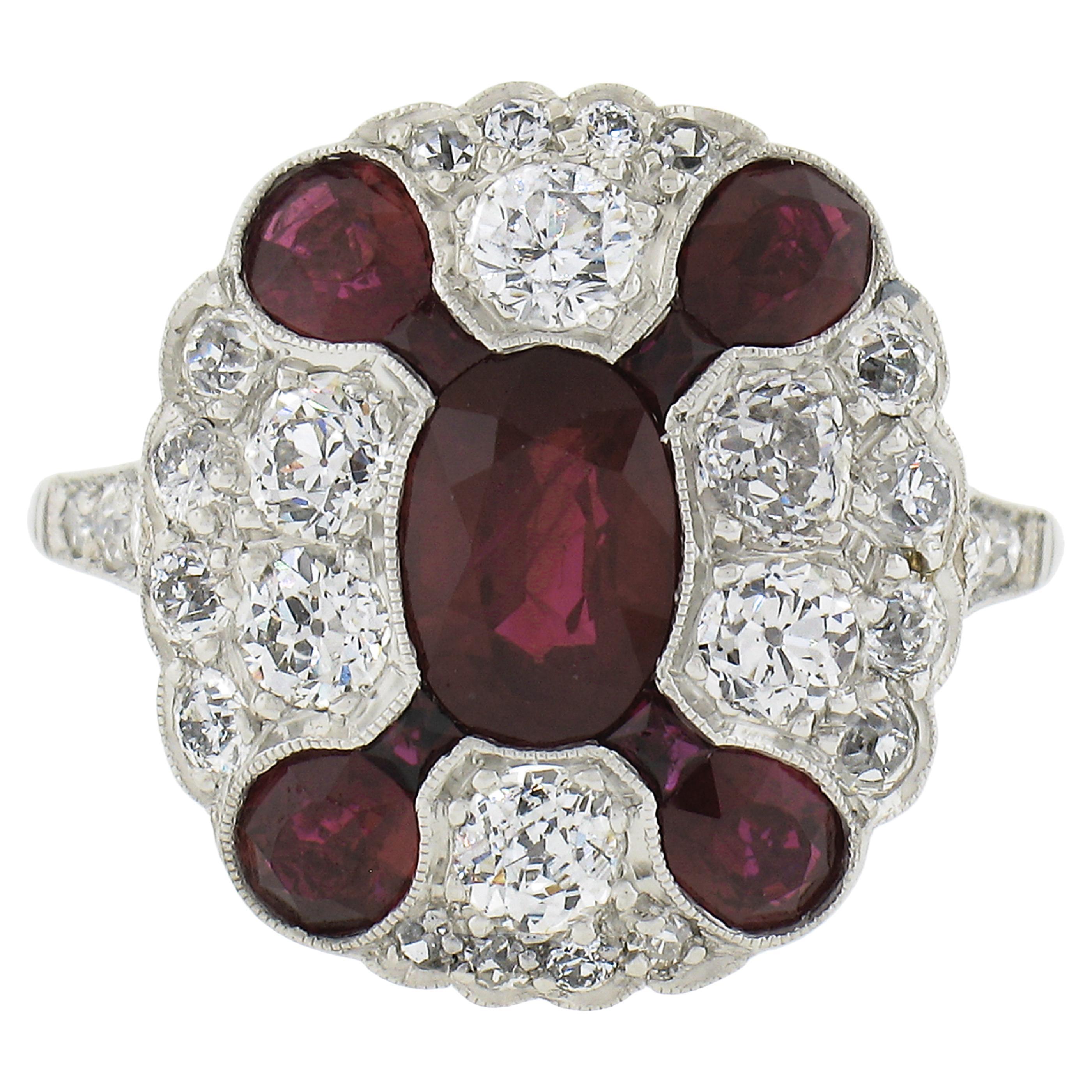 Antique Art Deco Platinum Gia Burma Ruby & Diamond Oval Platter Statement Ring For Sale