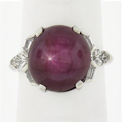 Antique Art Deco Platinum GIA Cabochon Star Ruby Geometric Diamond Cocktail Ring