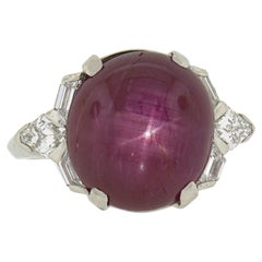 Antique Art Deco Platinum GIA Cabochon Star Ruby Geometric Diamond Cocktail Ring