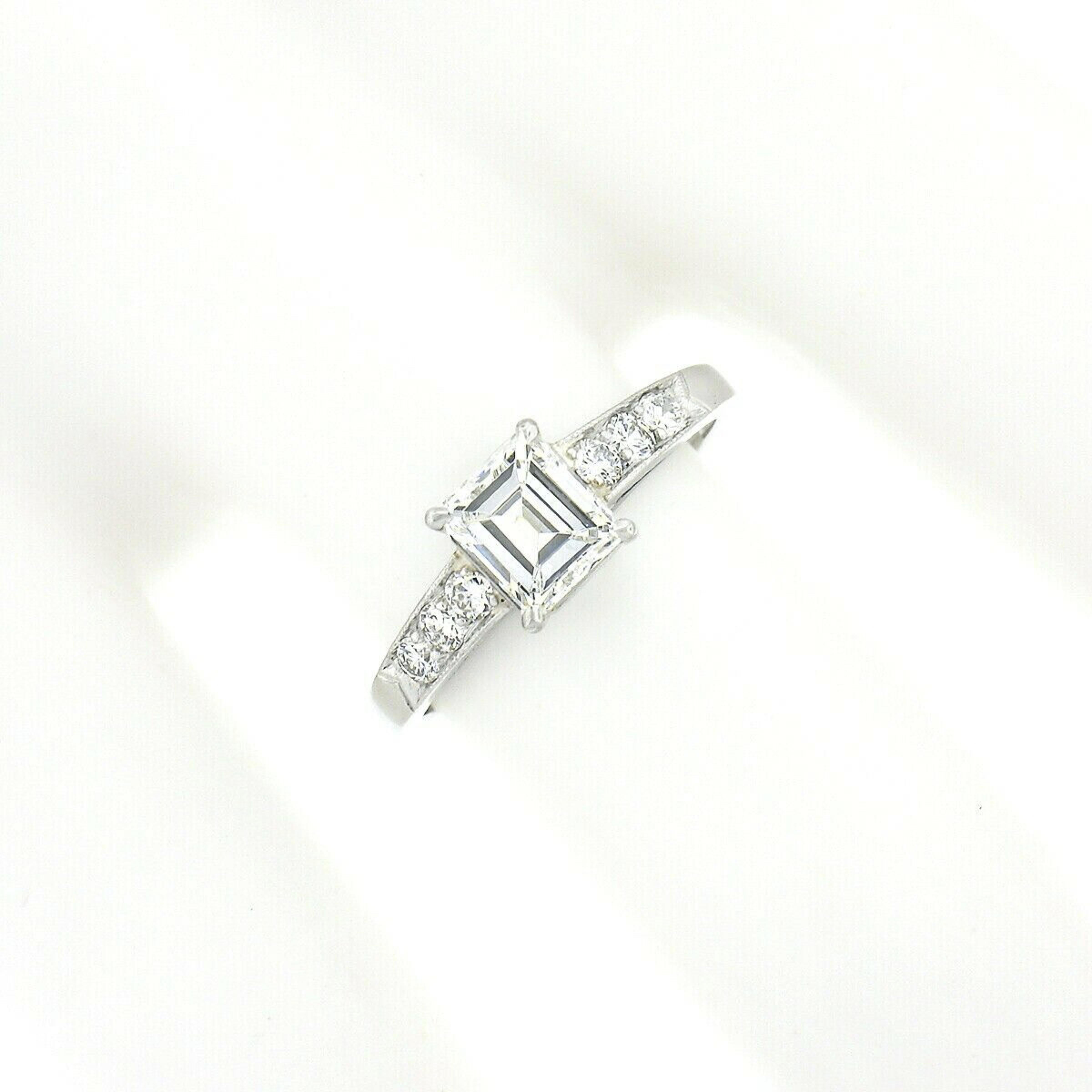 Antique Art Deco Platinum GIA Emerald Cut Diamond w/ Accents Engagement Ring In Good Condition In Montclair, NJ