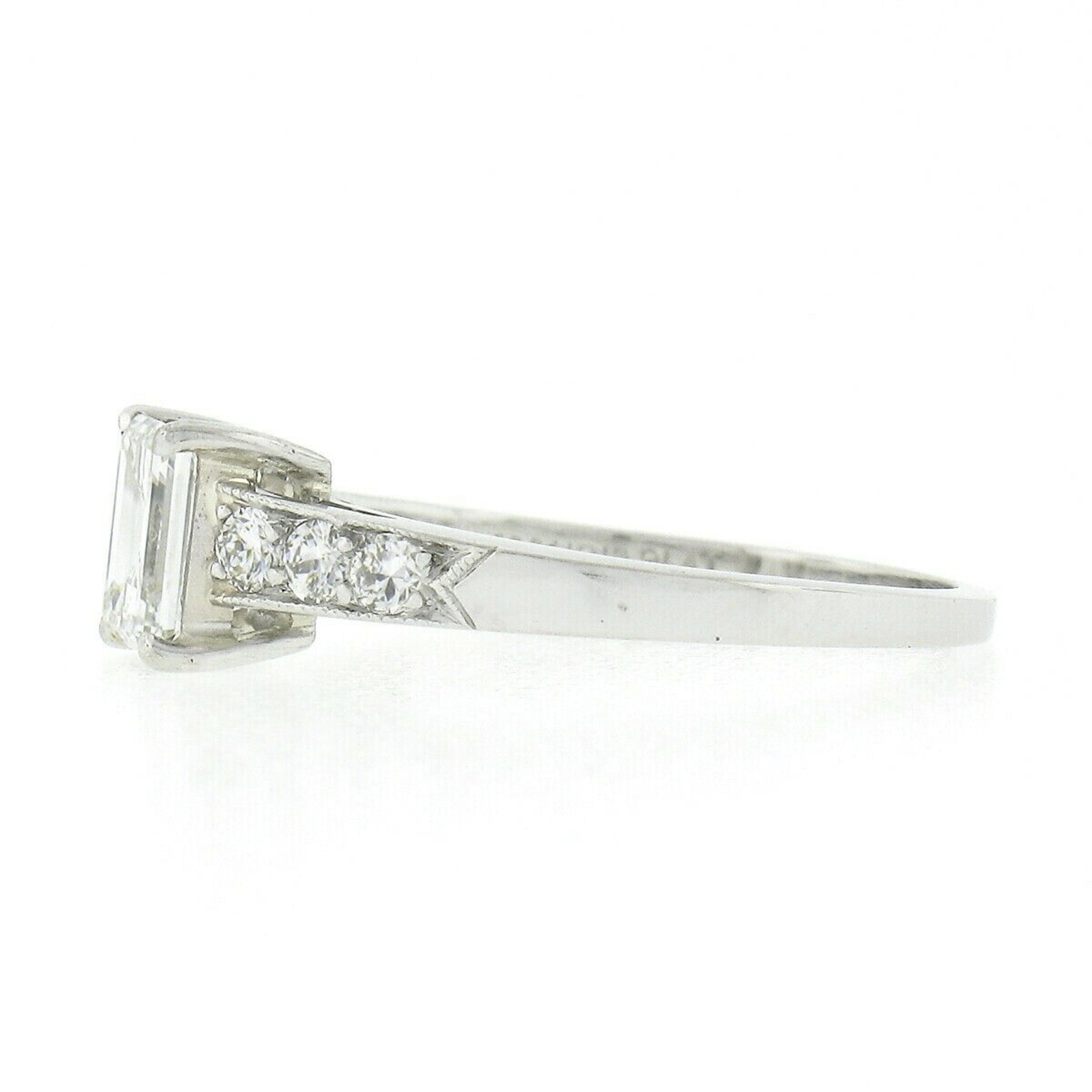Antique Art Deco Platinum GIA Emerald Cut Diamond w/ Accents Engagement Ring 2