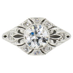 Antique Art Deco Platinum GIA European Bezel Diamond Open Work Engagement Ring