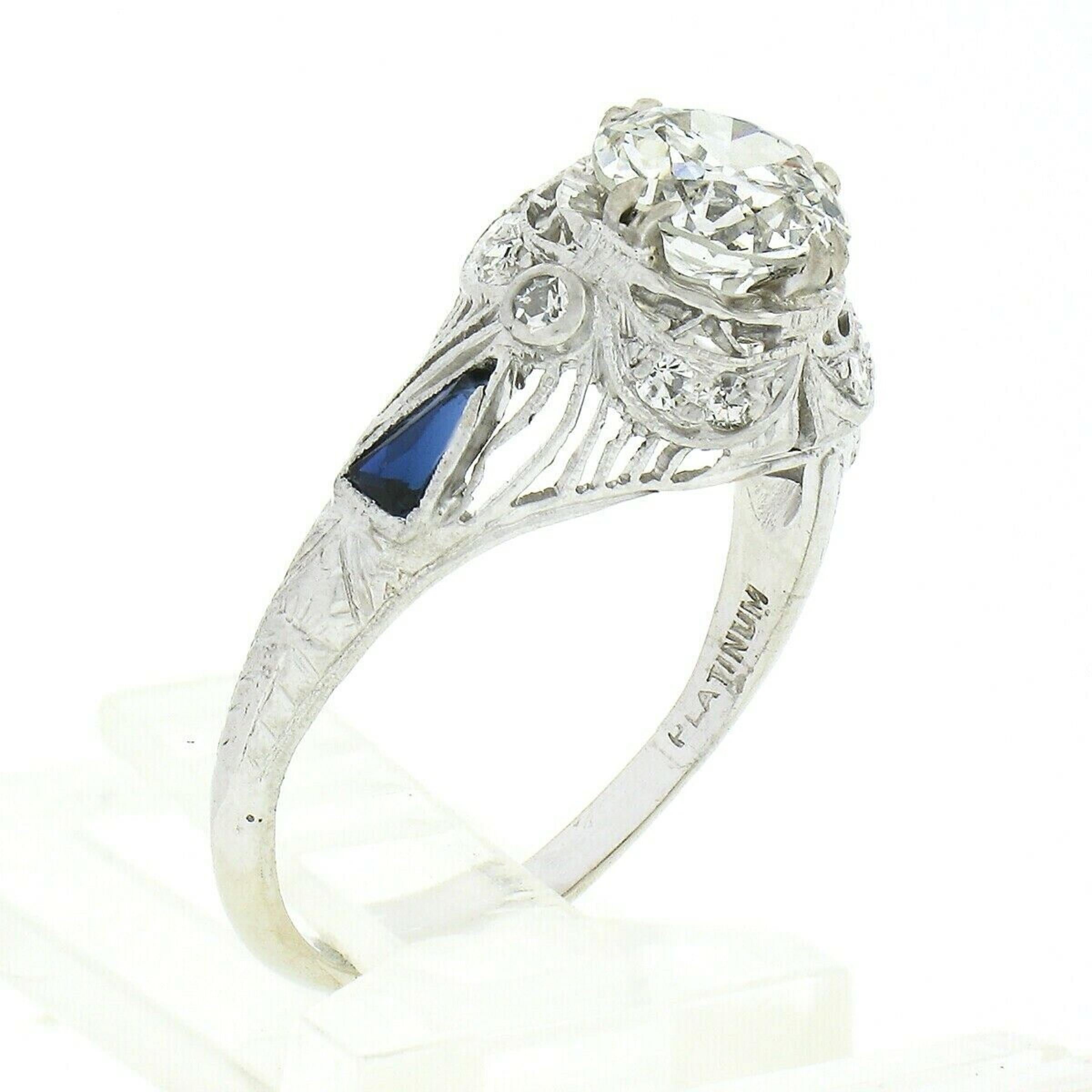 Antique Art Deco Platinum GIA European Diamond Sapphire Filigree Engagement Ring For Sale 3