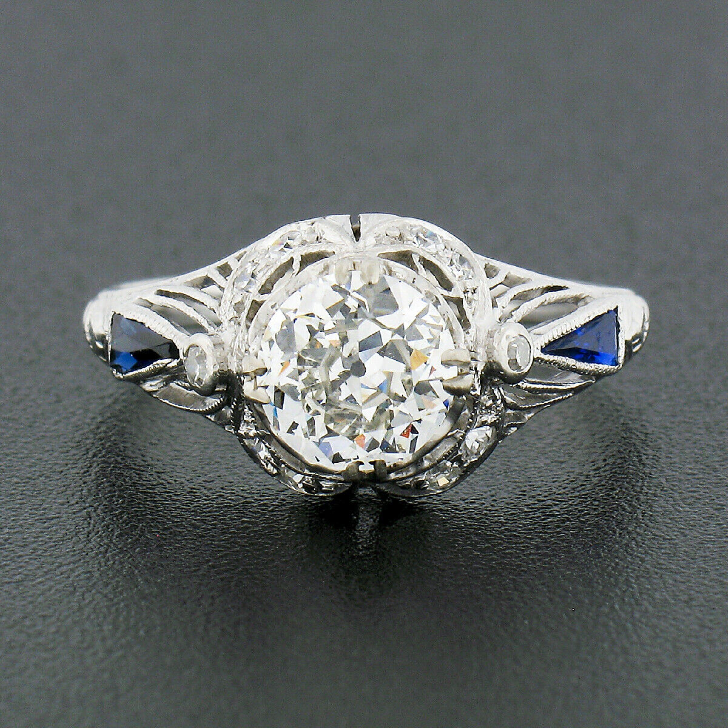 Antiker filigraner Verlobungsring, Art déco, Platin, GIA, europäischer Diamant, Saphir (Alteuropäischer Schliff)
