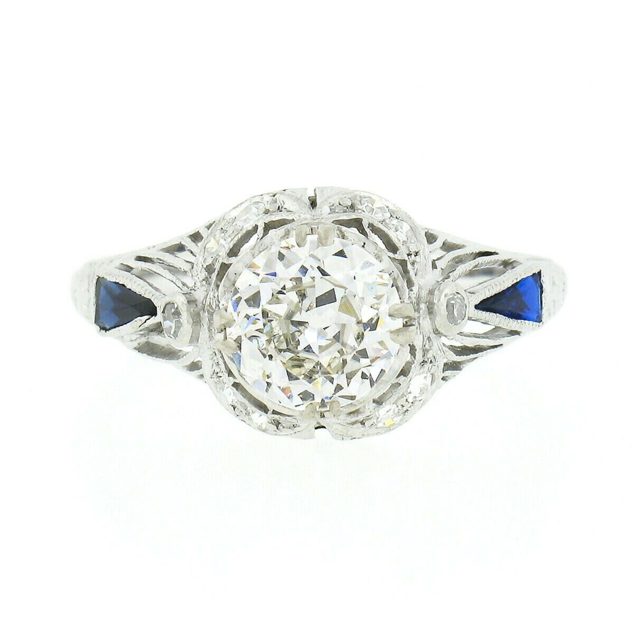 Antiker filigraner Verlobungsring, Art déco, Platin, GIA, europäischer Diamant, Saphir Damen