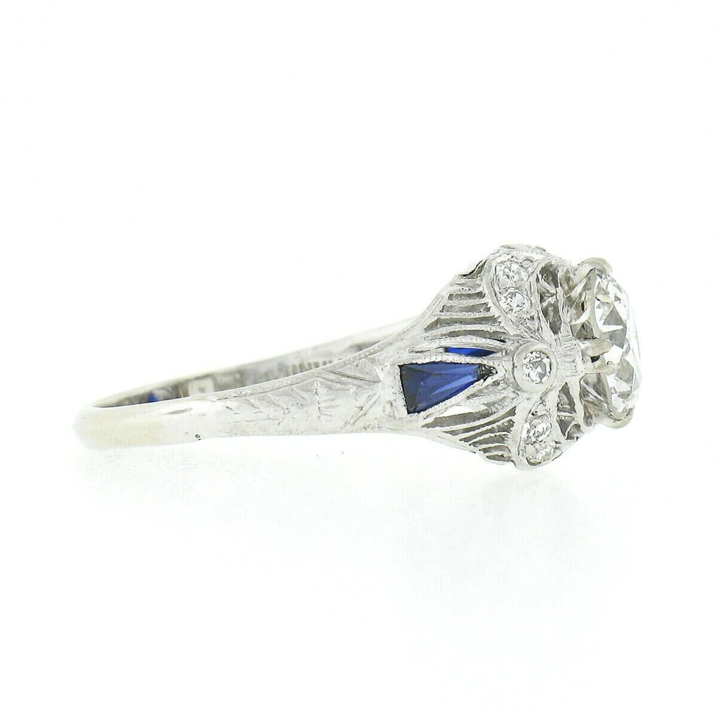 Antique Art Deco Platinum GIA European Diamond Sapphire Filigree Engagement Ring In Good Condition For Sale In Montclair, NJ