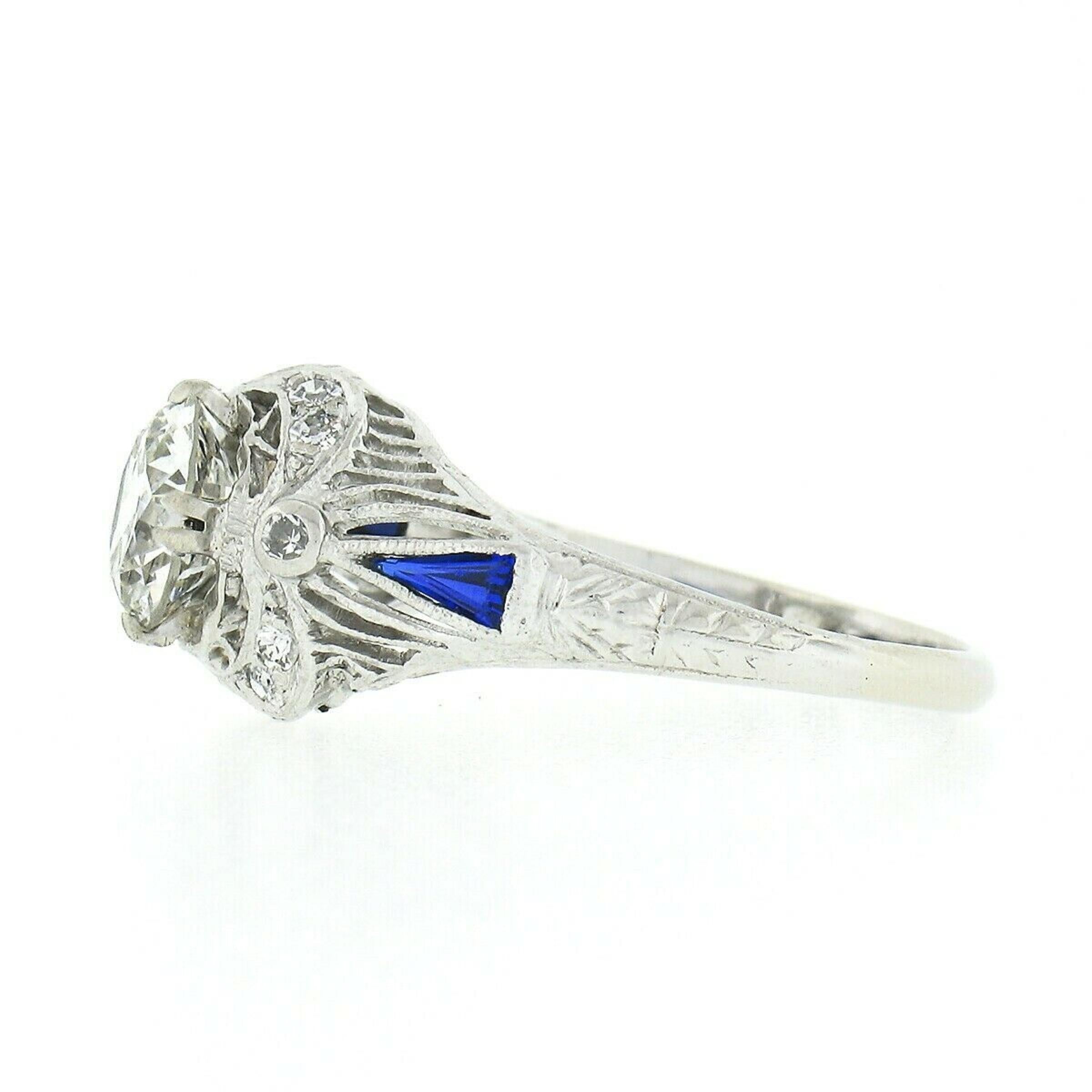 Women's Antique Art Deco Platinum GIA European Diamond Sapphire Filigree Engagement Ring For Sale