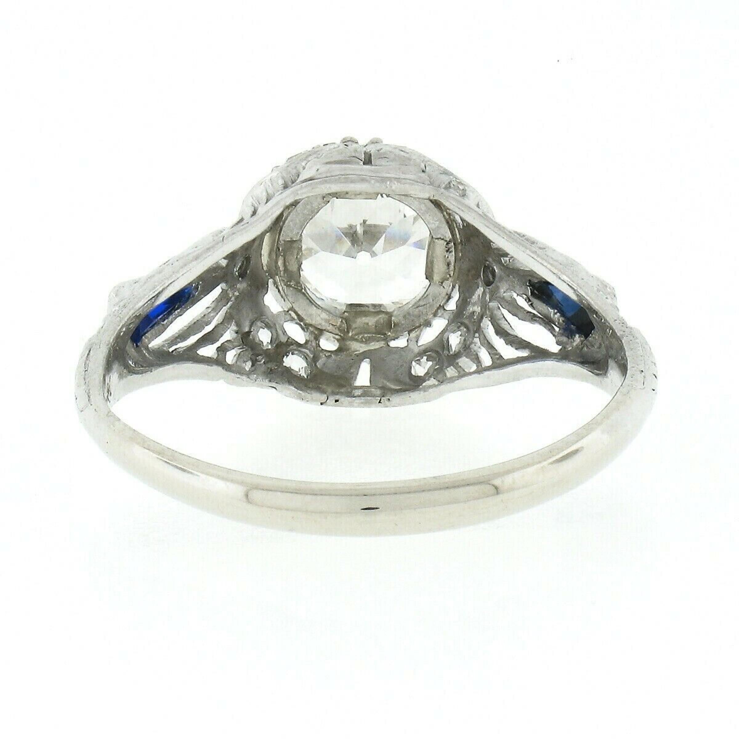 Antique Art Deco Platinum GIA European Diamond Sapphire Filigree Engagement Ring For Sale 1