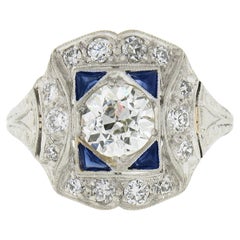 Antique Art Deco Platinum GIA European Diamond Sapphire Platter Engagement Ring