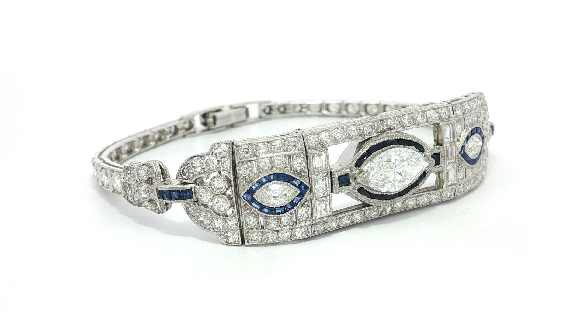 Pulsera antigua Art Decó de platino con diamante marquesa y zafiro grabados a mano GIA en venta 6