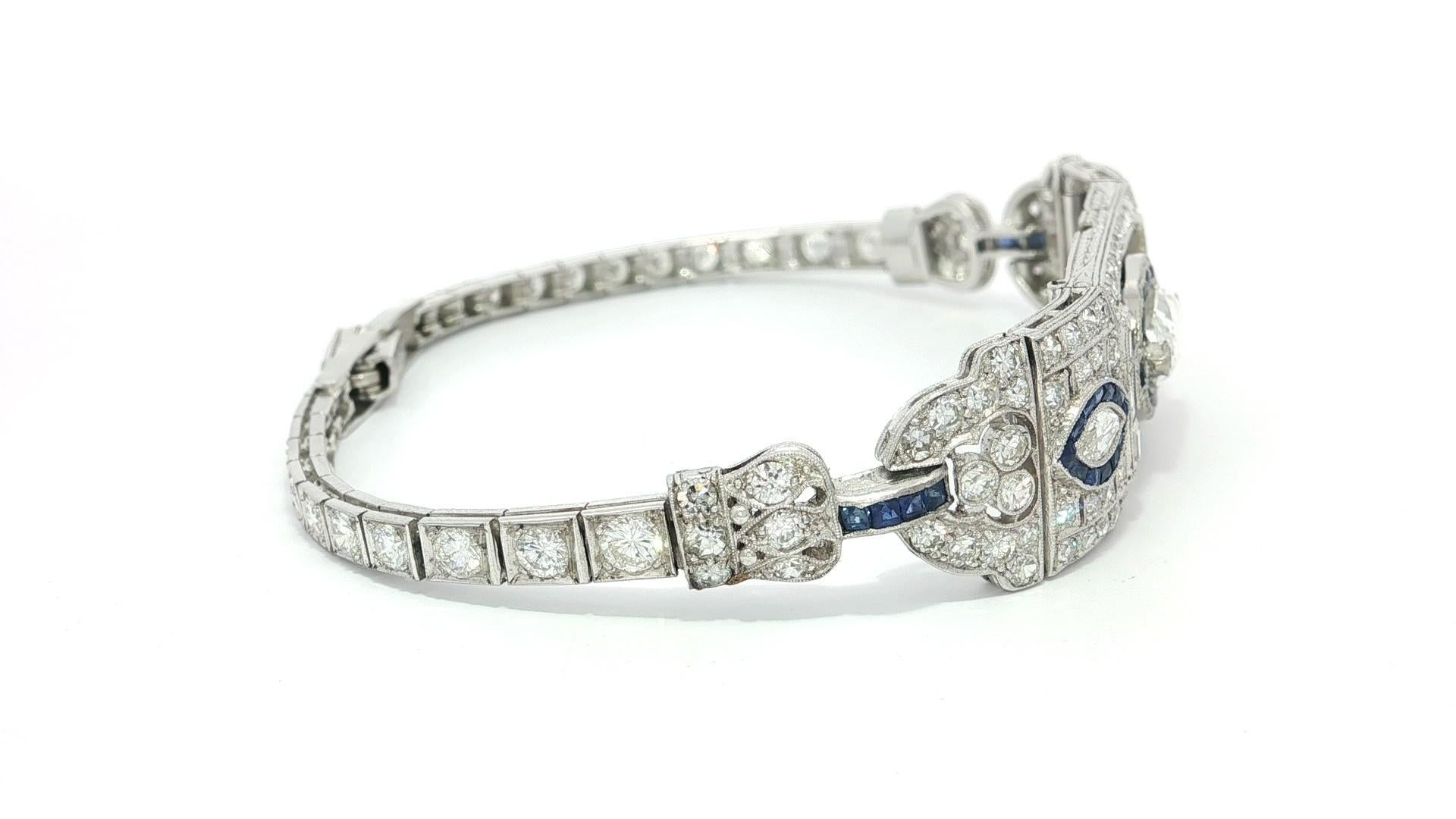 Pulsera antigua Art Decó de platino con diamante marquesa y zafiro grabados a mano GIA en venta 7
