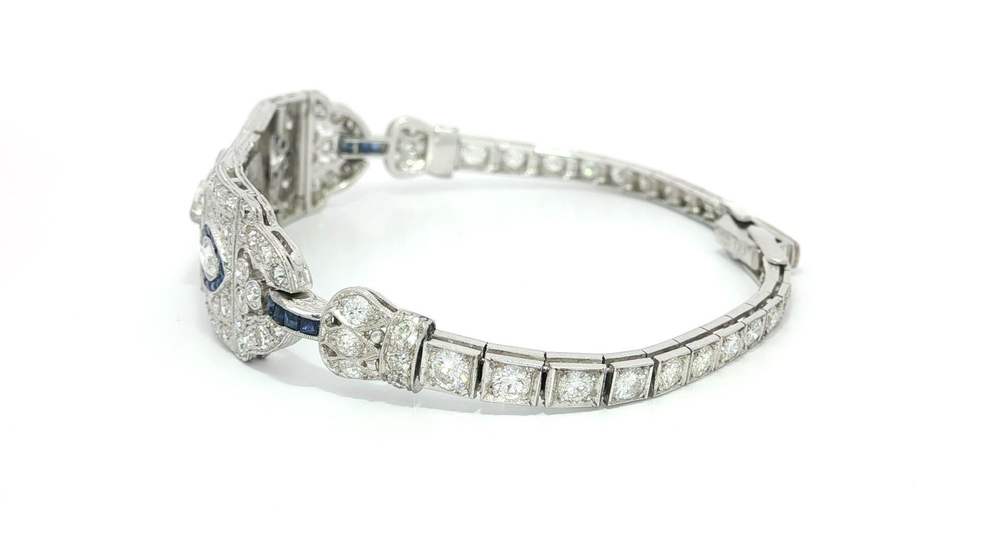 Pulsera antigua Art Decó de platino con diamante marquesa y zafiro grabados a mano GIA en venta 9