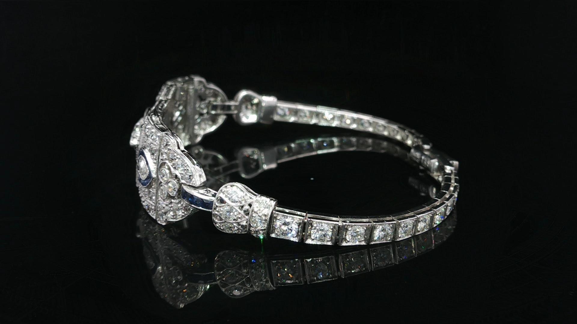 Pulsera antigua Art Decó de platino con diamante marquesa y zafiro grabados a mano GIA en venta 2