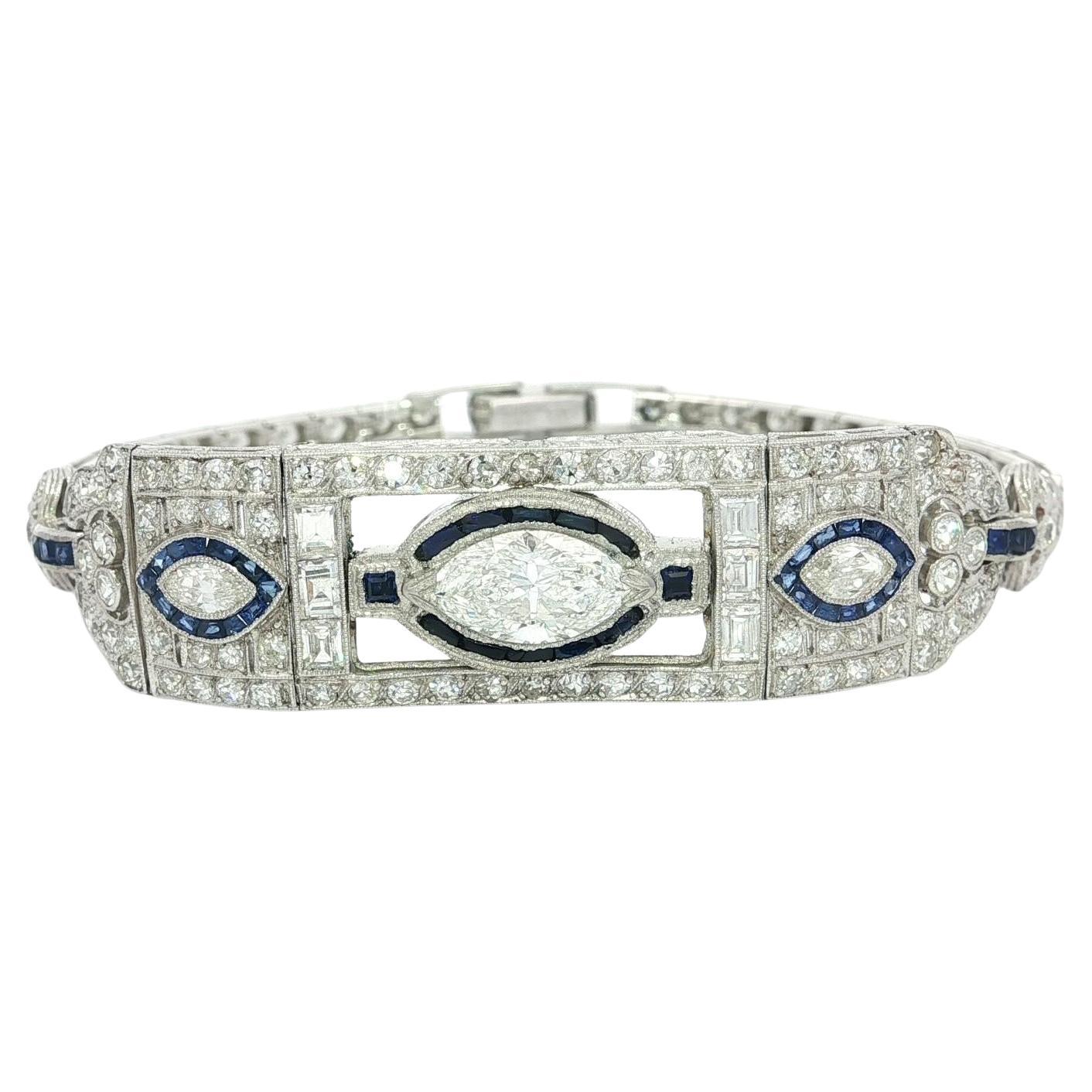 Arte Antiques Platinum GIA Marquise Diamond & Sapphire Hand Engraved (bracelet gravé à la main)