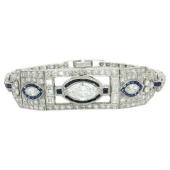 Antique Art Deco Platinum GIA Marquise Diamond & Sapphire Hand Engraved Bracelet