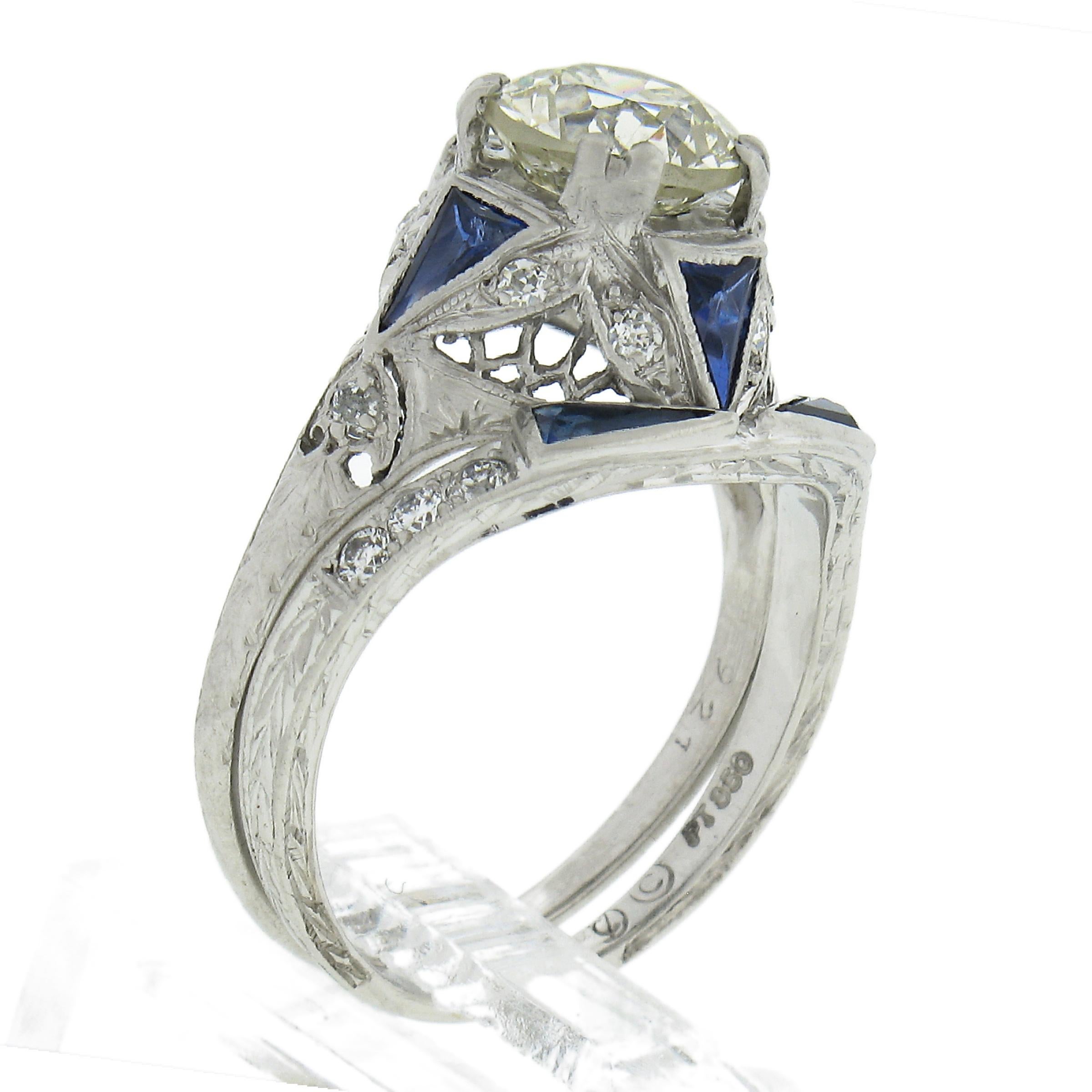 Antique Art Deco Platinum GIA Old European Diamond Engagement Ring & Band Set Ba For Sale 5