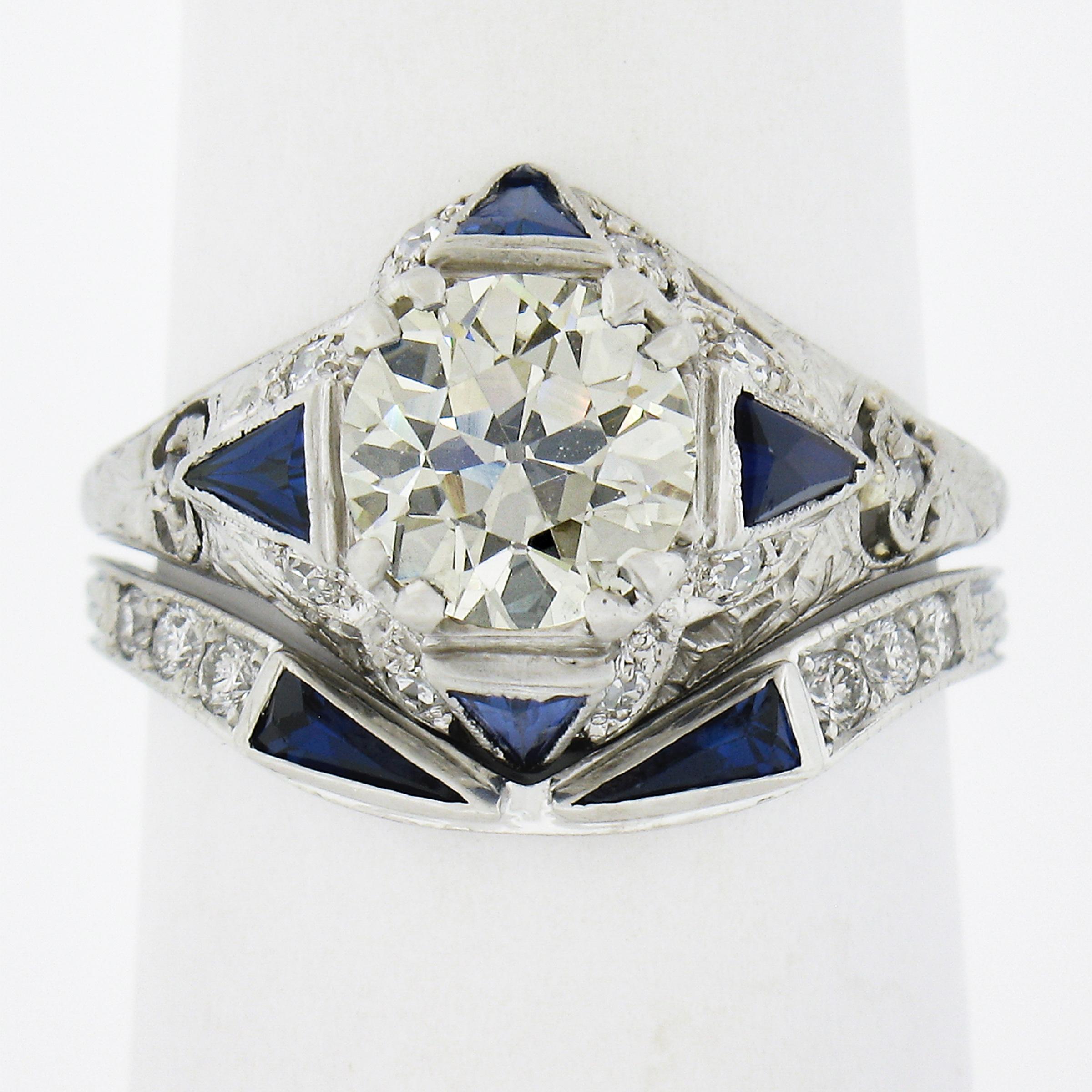 Old European Cut Antique Art Deco Platinum GIA Old European Diamond Engagement Ring & Band Set Ba For Sale
