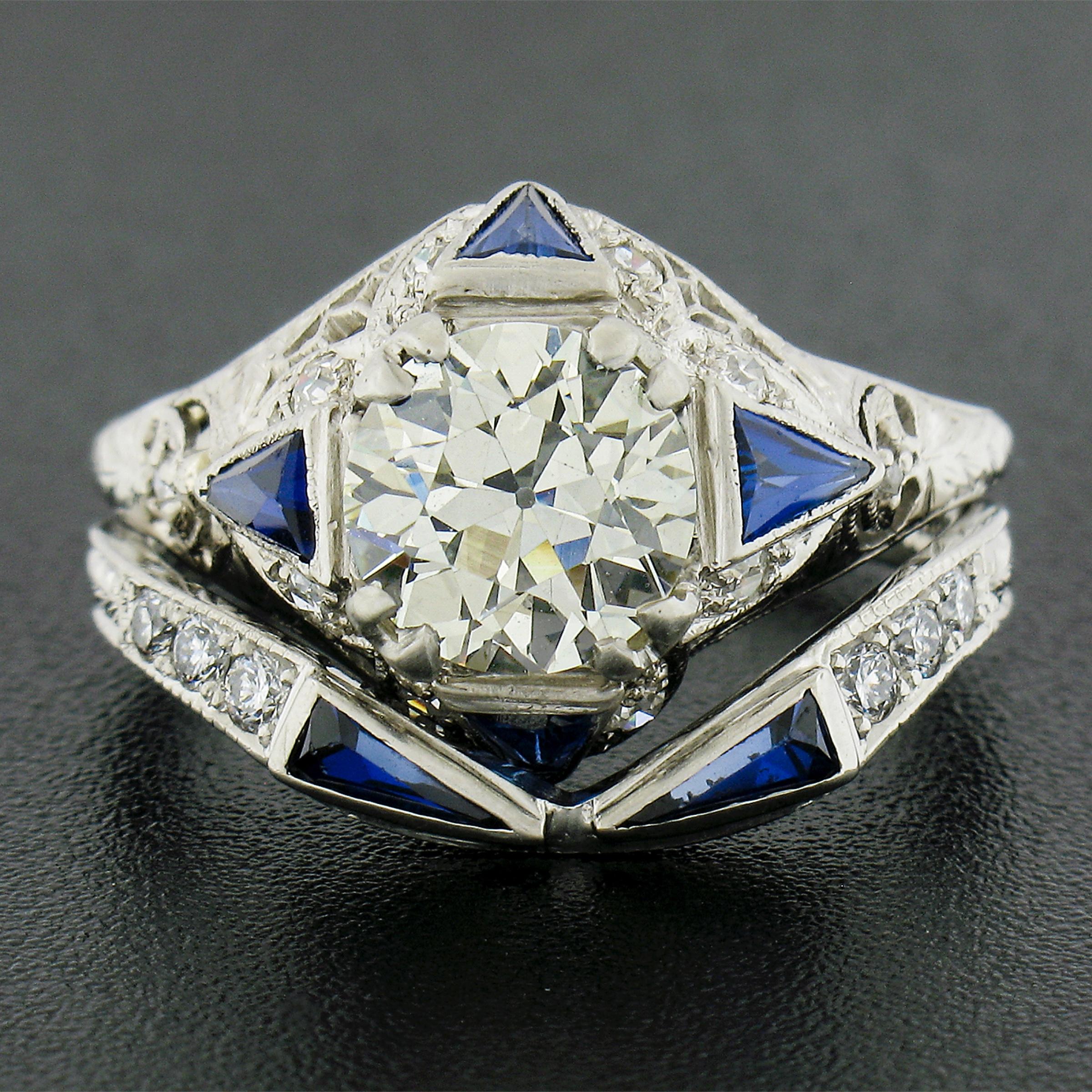 Antique Art Deco Platinum GIA Old European Diamond Engagement Ring & Band Set Ba In Excellent Condition For Sale In Montclair, NJ
