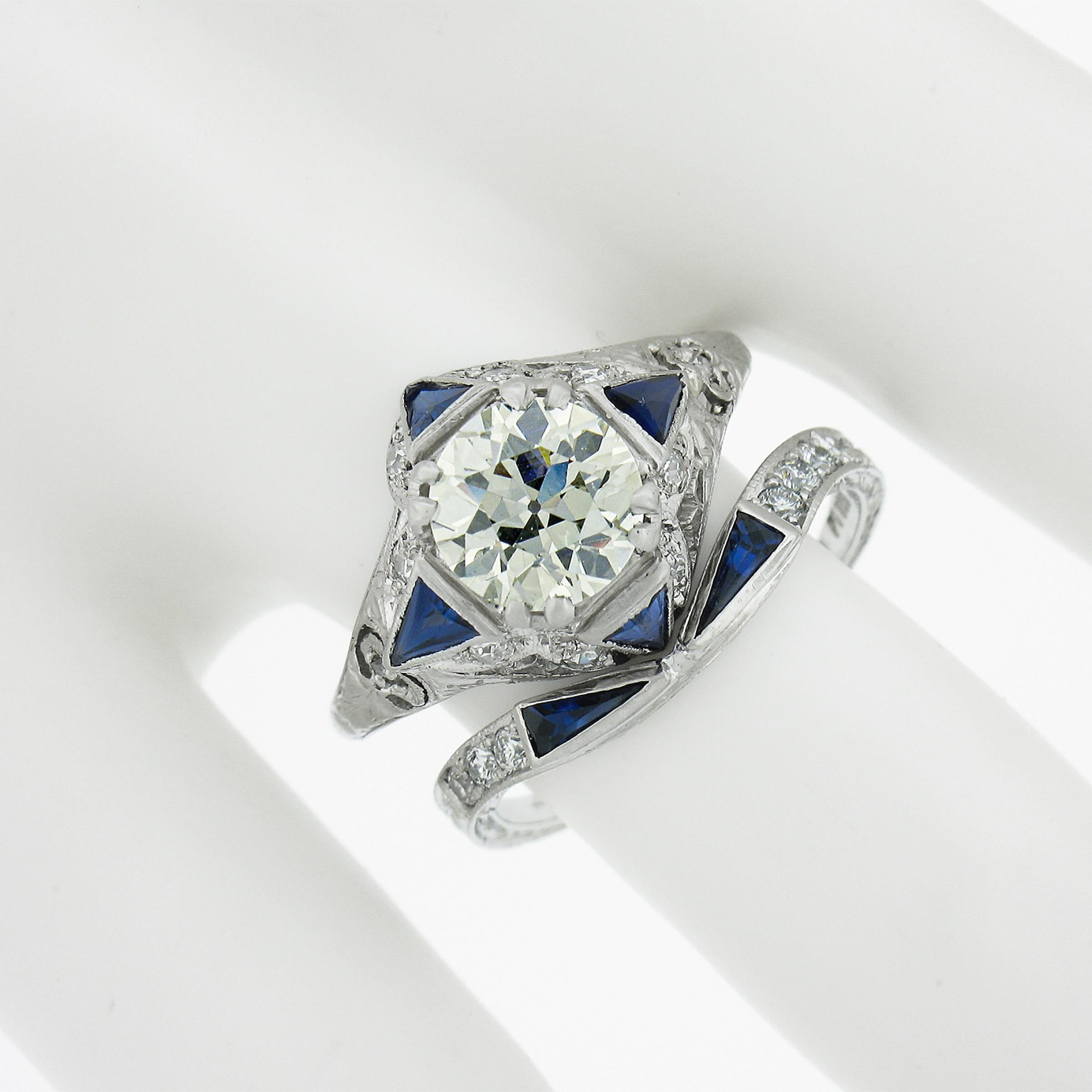 Women's Antique Art Deco Platinum GIA Old European Diamond Engagement Ring & Band Set Ba For Sale