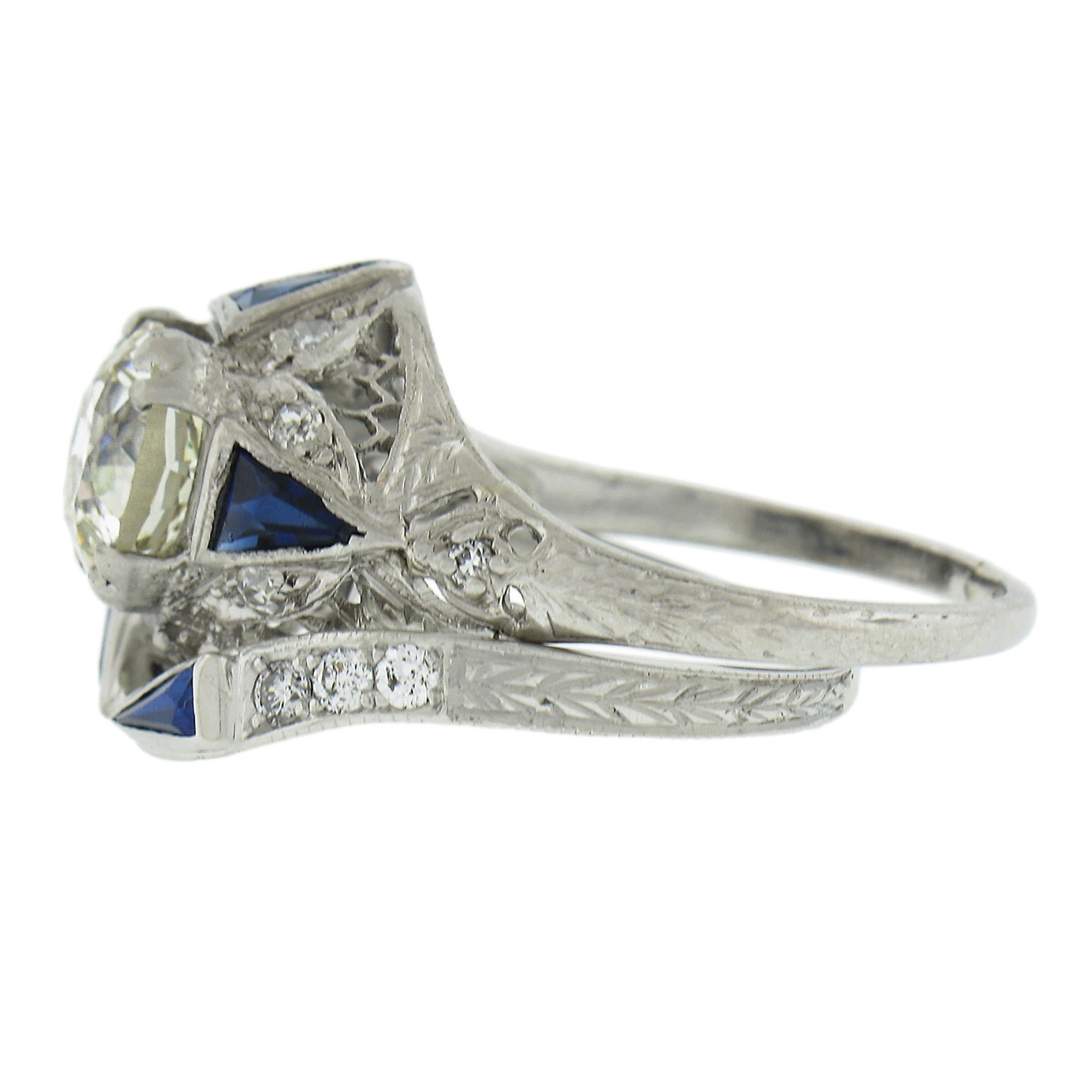Antique Art Deco Platinum GIA Old European Diamond Engagement Ring & Band Set Ba For Sale 2